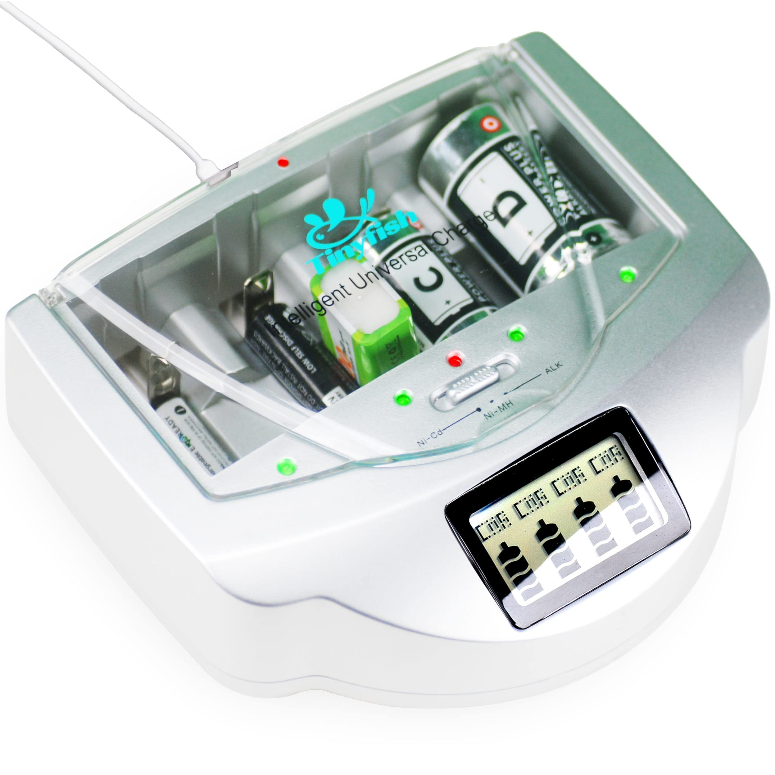 Universal Battery Charger for AA AAA C D 9V Batteries - NiCd NiMH Alkaline Fast Charger & Discharger - Tinyfish PPU9600 (No Batteries Included) - Perfect for Home, Office, and Emergency Kits