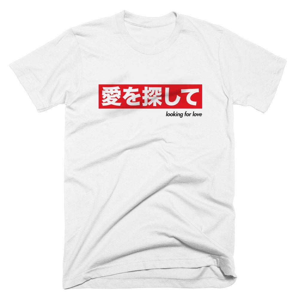Funny Japanese Text T-Shirt - Looking for Love Humor Shirt - Fashion Parody Graphic Tee - Box Logo Casual Top - Adult Joke Apparel for Men & Women | Perfect for Cosplay, Anime Conventions, and Comedy Events