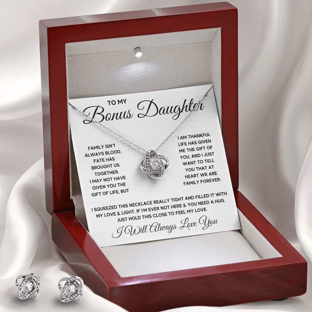 OC9 Sterling Silver Daughter Necklace - Inspirational Birthday, Graduation & Christmas Gift for Stepdaughter, Goddaughter - Includes Engraved Message Card & LED Jewelry Box (Earrings & Knot Charm) - Perfect for Special Occasions & Heartfelt Moments