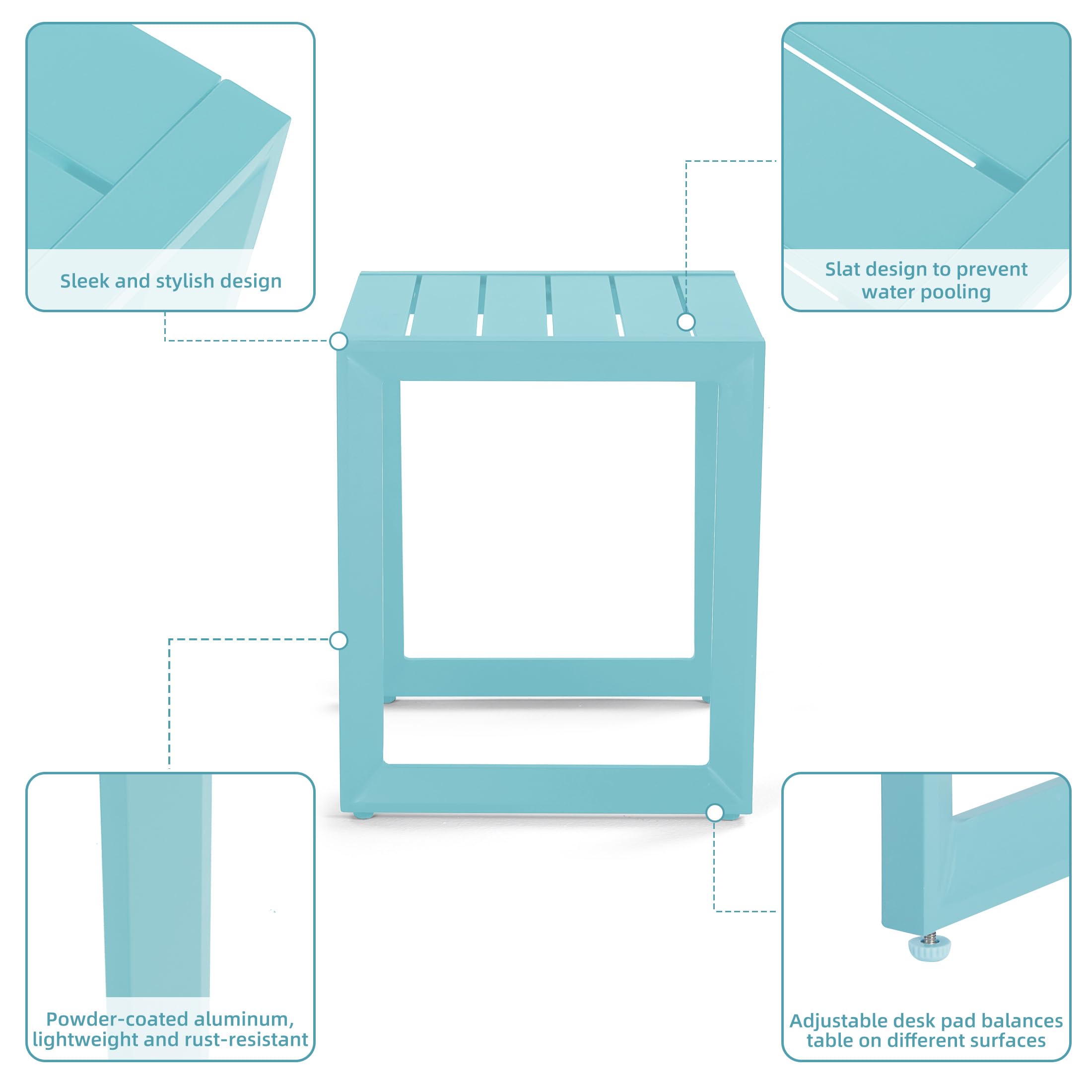 Outdoor Aluminum Side Table - Small Square Patio Coffee Bistro End Table in Lake Blue for Garden, Balcony & Poolside Relaxation