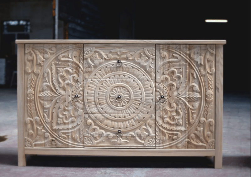 Hand Carved Solid Wood Sideboard Buffet Cabinet with 3 Drawers & 2 Doors - Rustic Dining Room Storage for Utensils, Linens & Tableware