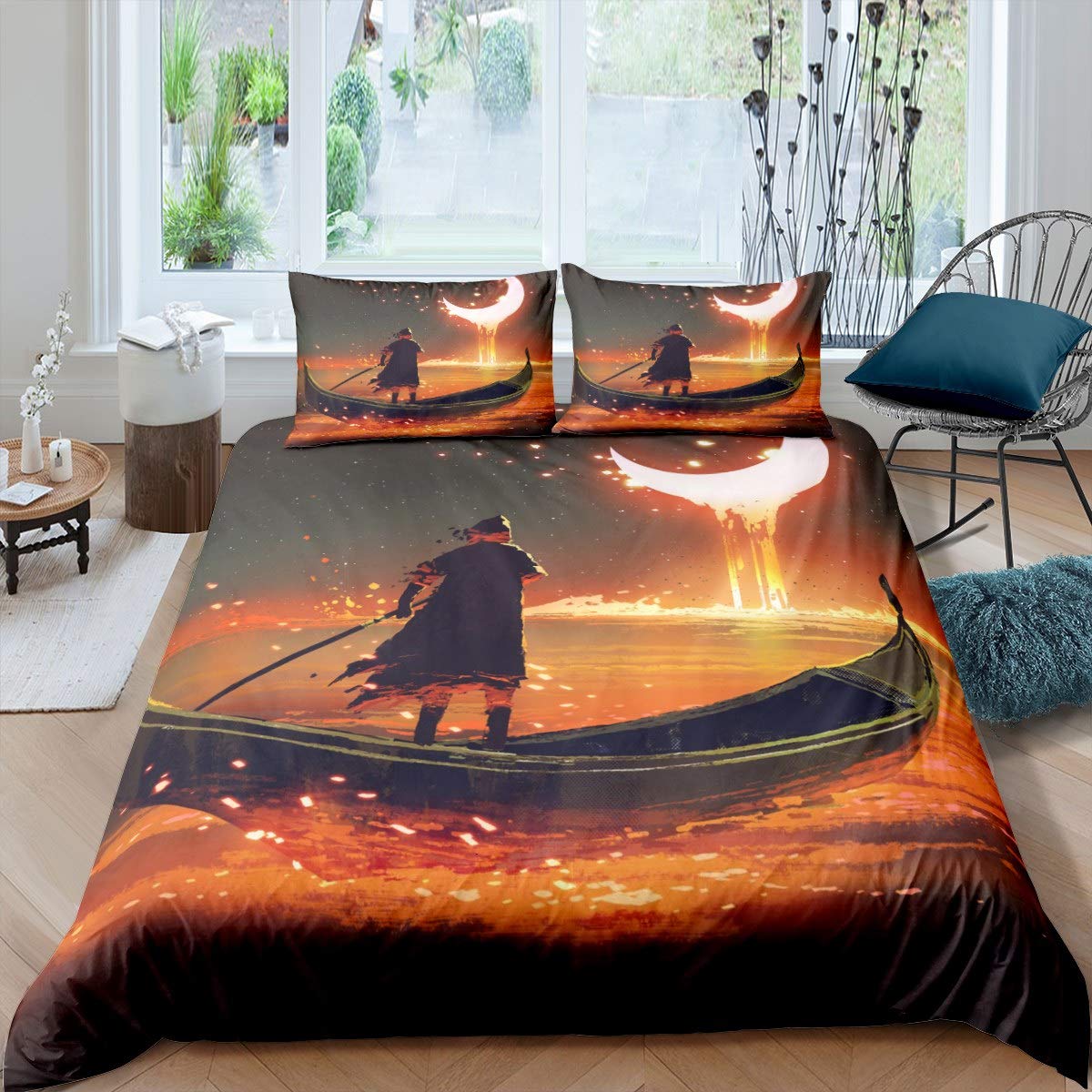 Feelyou Sailboat Printed Bedding Set - Moon & Ocean Nautical Duvet Cover for Kids & Adults - Twin Size 2Pcs with Pillow Case - Galaxy Themed Bedspread for Coastal & Nautical Room Decor - Perfect for Beach House, Kids' Bedroom & Dreamy Galaxy Themed Spaces
