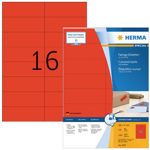 **Colored Labels A4 Size - 105 x 37 mm - Red Permanent Adhesive Stickers for Office, School & Home Organization (4257)**    (Note: 