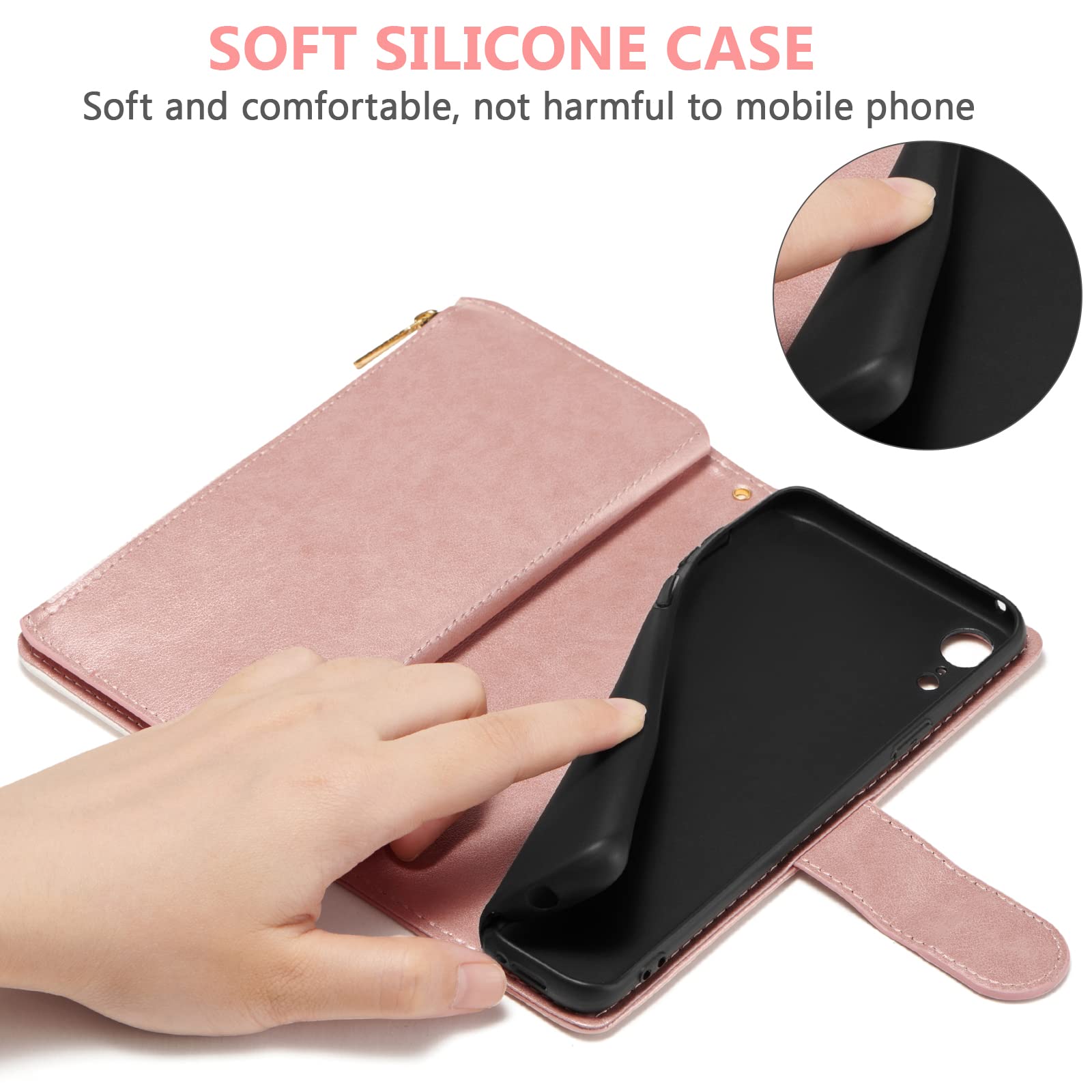 Premium PU Leather Wallet Case for iPhone XR with Magnetic Closure - 3 Card Slots, Zipper Pocket & Hand Strap - Elegant Rose Gold Roses Design | Perfect for Daily Use, Travel & Business (iPhone XR Wallet Phone Case)