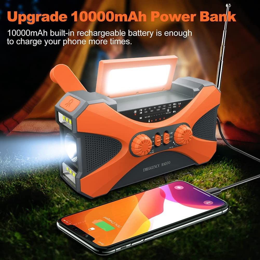 Malloy 10000mAh Solar Hand Crank Emergency Radio - Portable NOAA Weather Radio with USB Phone Charger, LED Flashlight & SOS Alarm (Orange) - Perfect for Camping, Hiking & Power Outages
