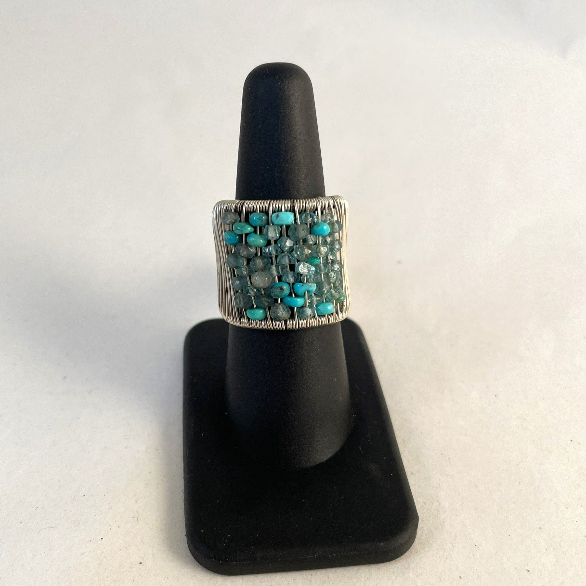 Braided Silver Wire Ring with Aquamarine & Apatite Rondels - Elegant Boho Jewelry for Women, Perfect for Weddings, Parties & Everyday Wear