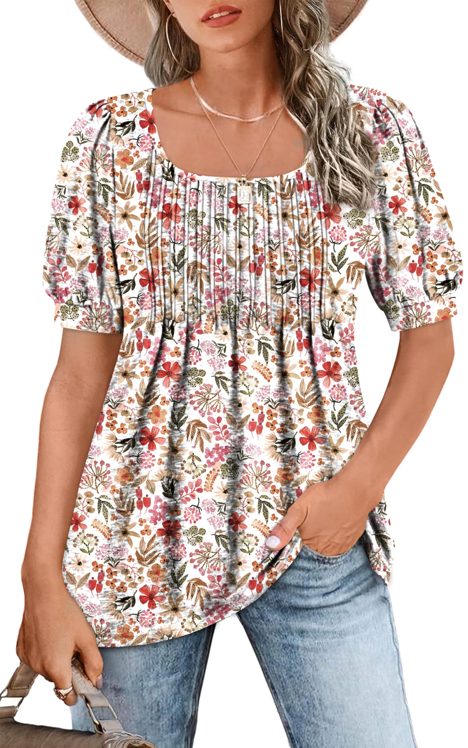 Zwurew Women's Summer Casual Puff Short Sleeve T-Shirt - Square Neck Pleated Flowy Tunic Top for Leggings (Sizes S-2XL) | Perfect for Yoga, Running & Everyday Wear