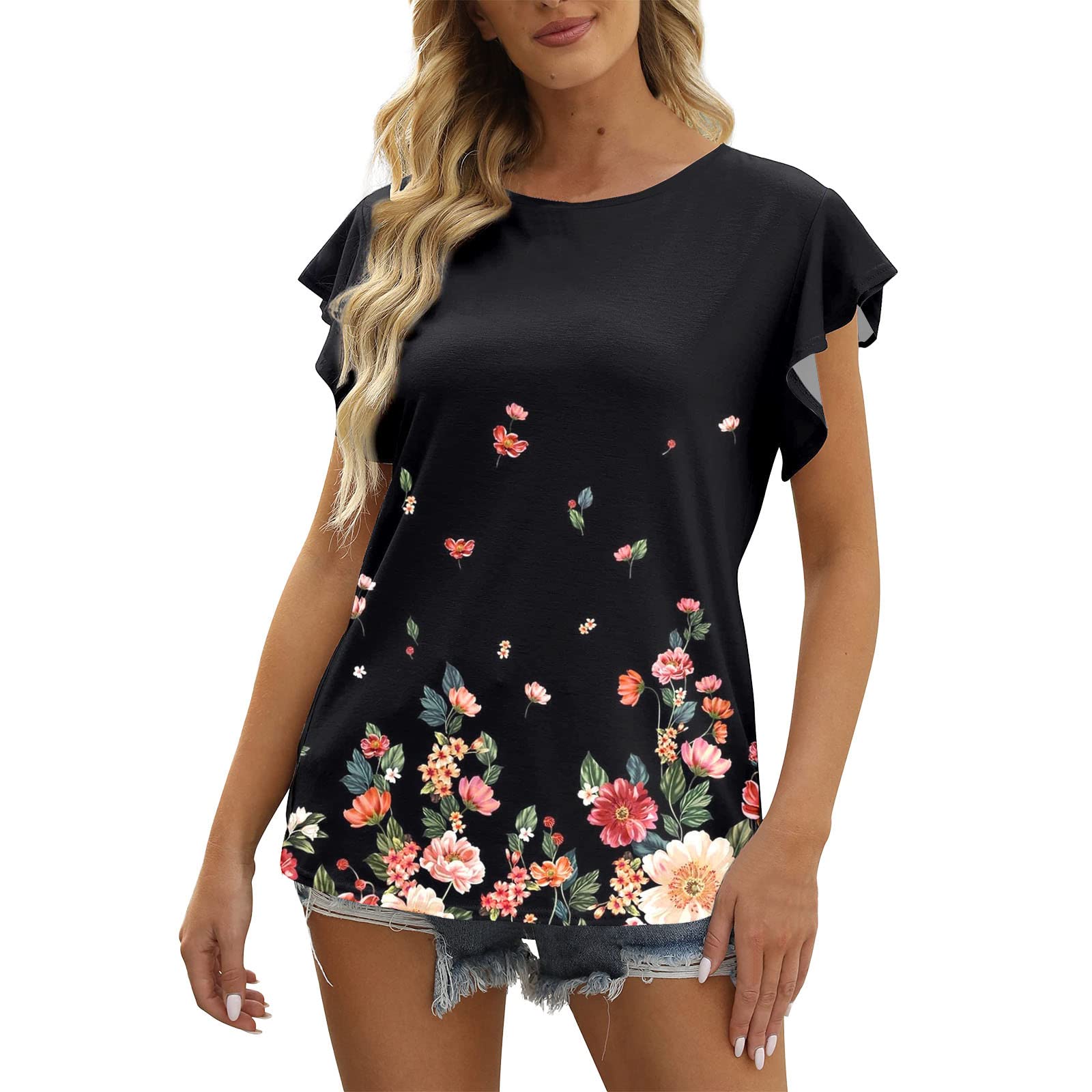 Women's Casual Summer Ruffle Sleeve Blouse - Floral Print O-Neck Shirt Tops for Beach, Vacation & Everyday Wear