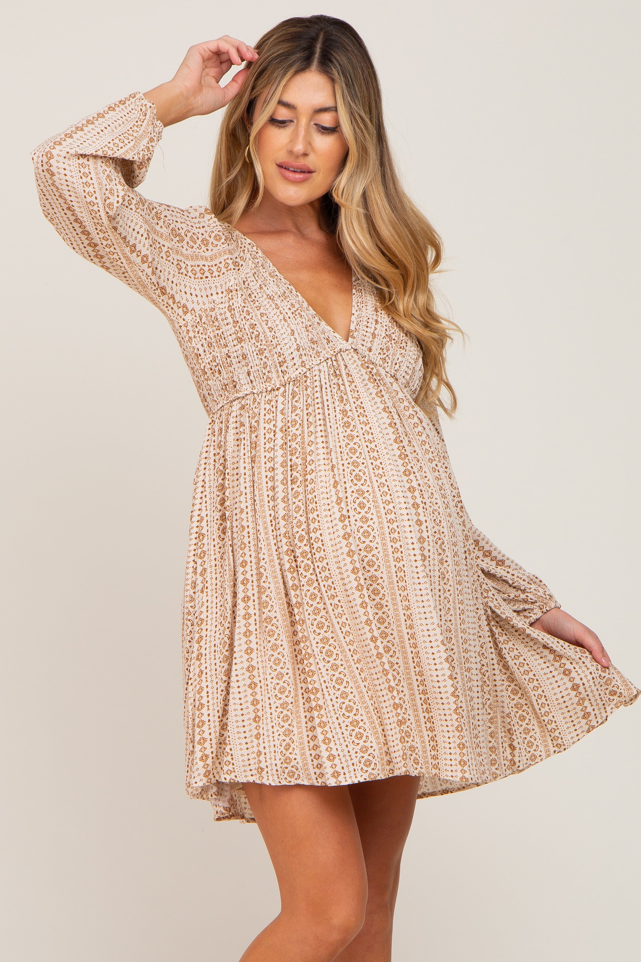 Beige Printed V-Neck Long Sleeve Maternity Dress for Pregnancy - Comfortable Stretchy Flowy Maxi Dress for Baby Shower, Photoshoot & Everyday Wear