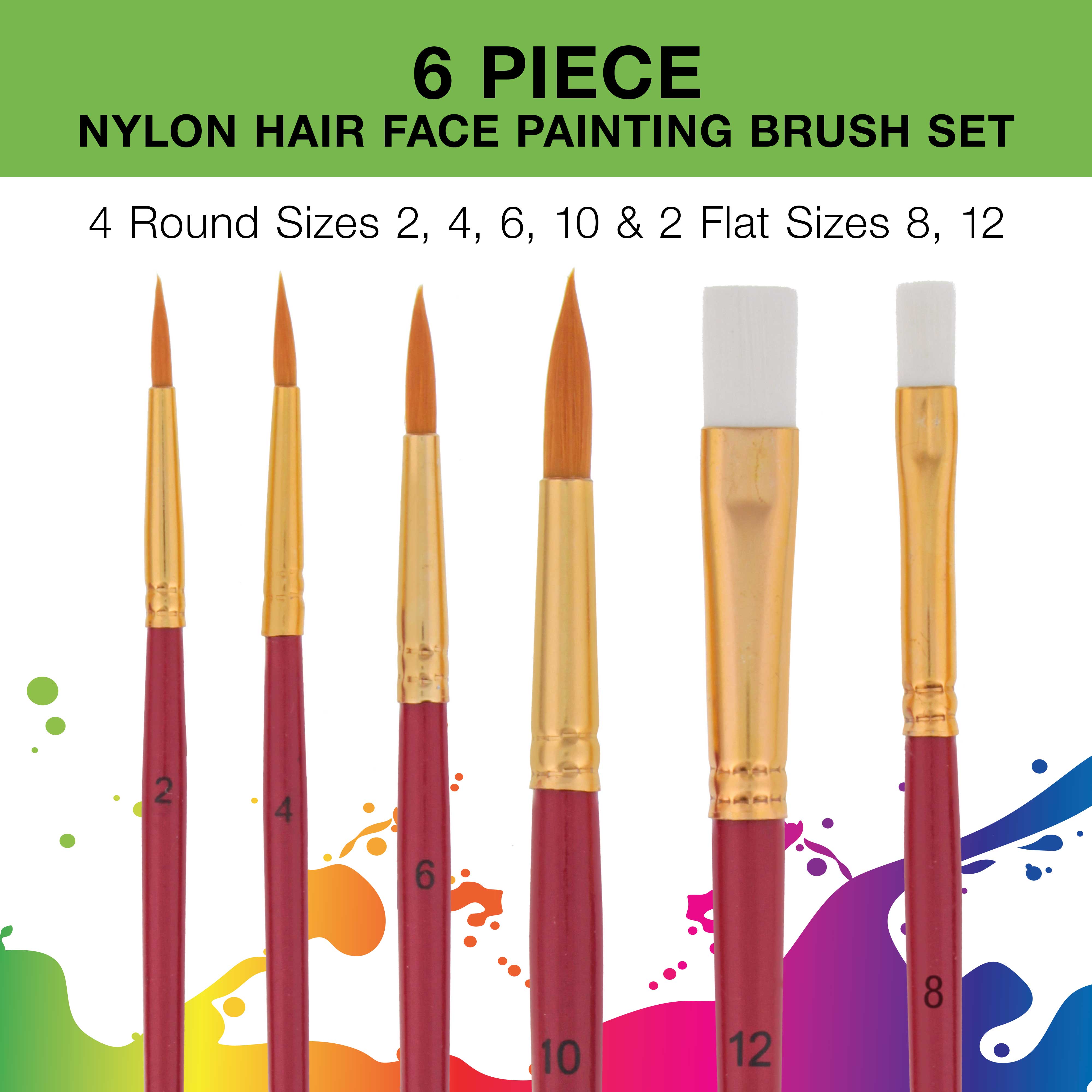 6-Piece Nylon Hair Face Painting Brush Set - 4 Round Brushes (Sizes 2,4,6,10) & 2 Flat Brushes (Sizes 8,12) - Professional Makeup & Body Art Kit for Halloween, Cosplay & Kids Face Painting
