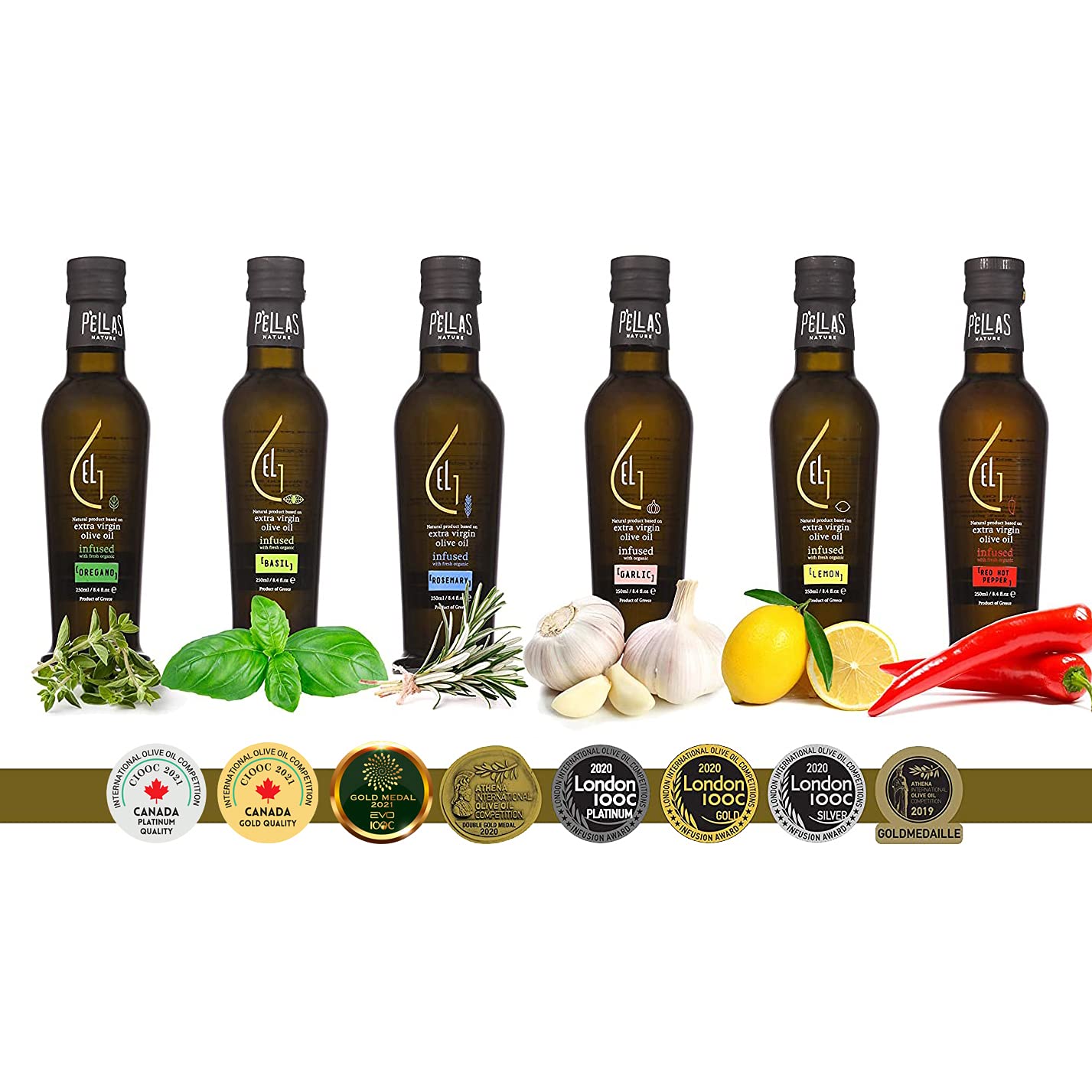 Organic Infused Extra Virgin Olive Oil Set - Garlic, Basil, Lemon, Rosemary, Greek Oregano & Red Hot Pepper Flavors | 8.45oz Bottles (Pack of 6) | Premium Finishing Oil for Salads, Pasta, Bread Dipping & Gourmet Cooking