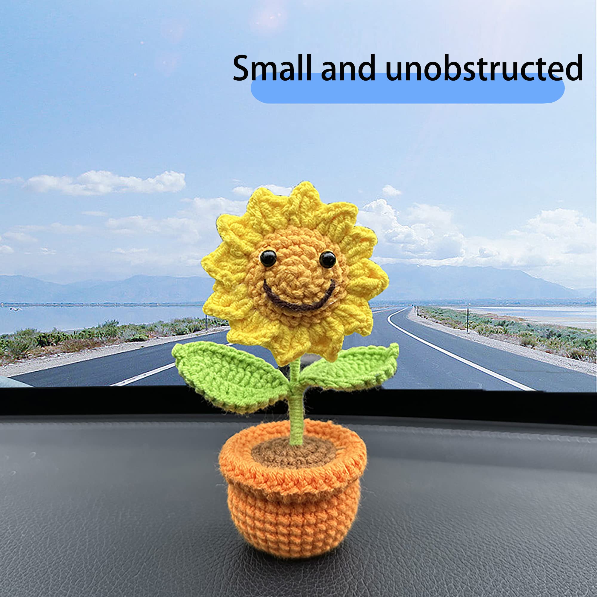 Crochet Smiley Sunflower Car Dashboard Decor - Handmade Sunflower Bouquet for Women, Cute Girl Gift, Car Interior & Desk Ornament - Perfect for Home, Office, and Vehicle Decoration