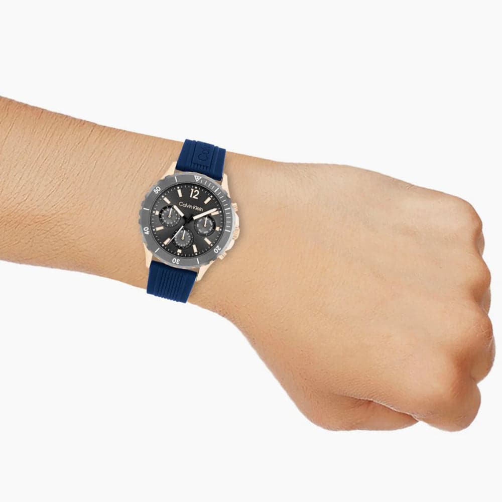 Calvin Klein Men's Chronograph Watch with Gray Dial & Blue Silicone Strap - Model 25200316 | Perfect for Business, Casual Wear & Gift Giving