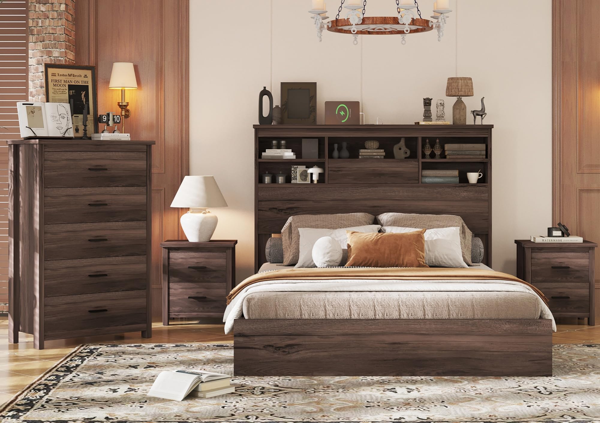 Merax 4-Piece Queen Size Bedroom Set with USB Charging Headboard, 5-Drawer Dresser & 2 Nightstands - Walnut Wood Platform Bed Frame for Modern Master Bedroom & Guest Room Decor