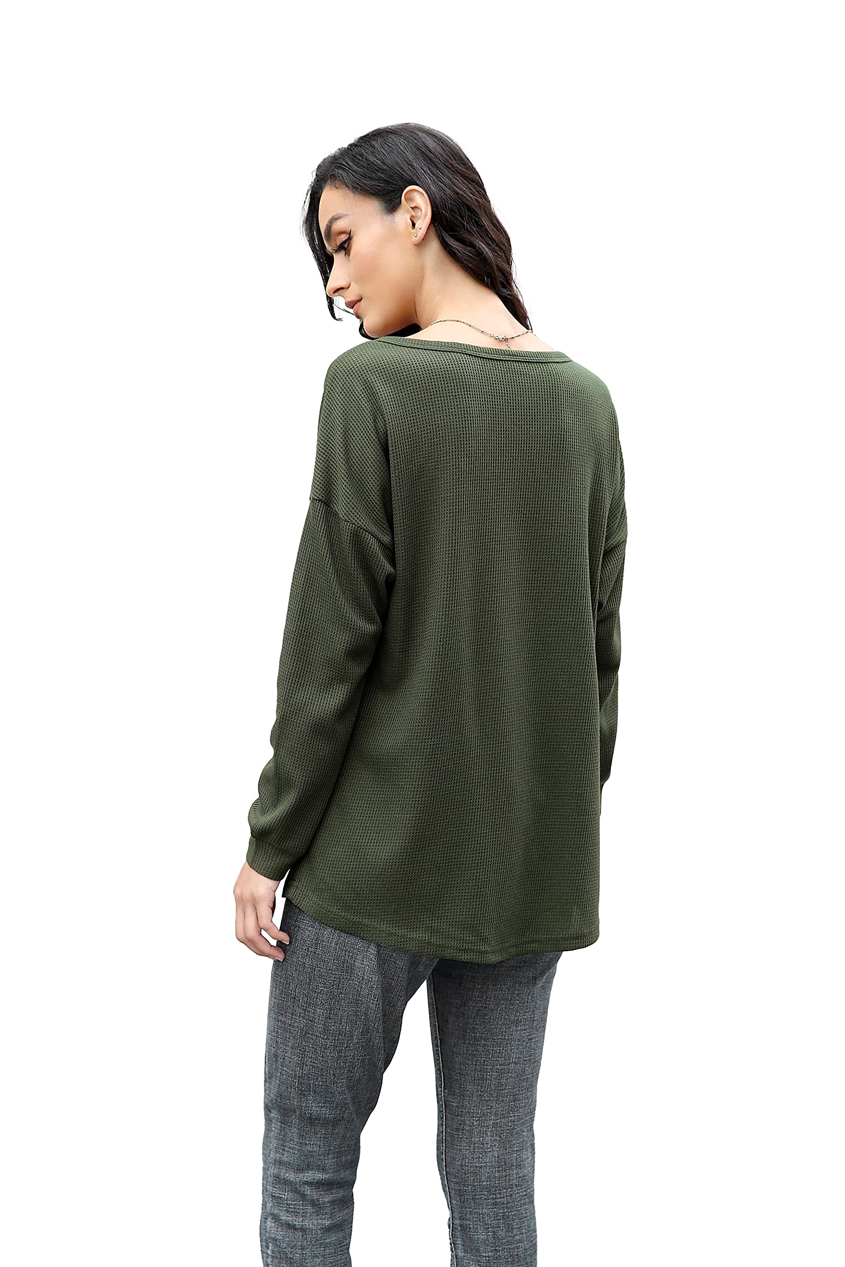 Iandroiy Women's Long Sleeve V-Neck Button Down Blouse - Waffle Knit Casual Tunic Top Shirt for Work, Date Night & Everyday Wear