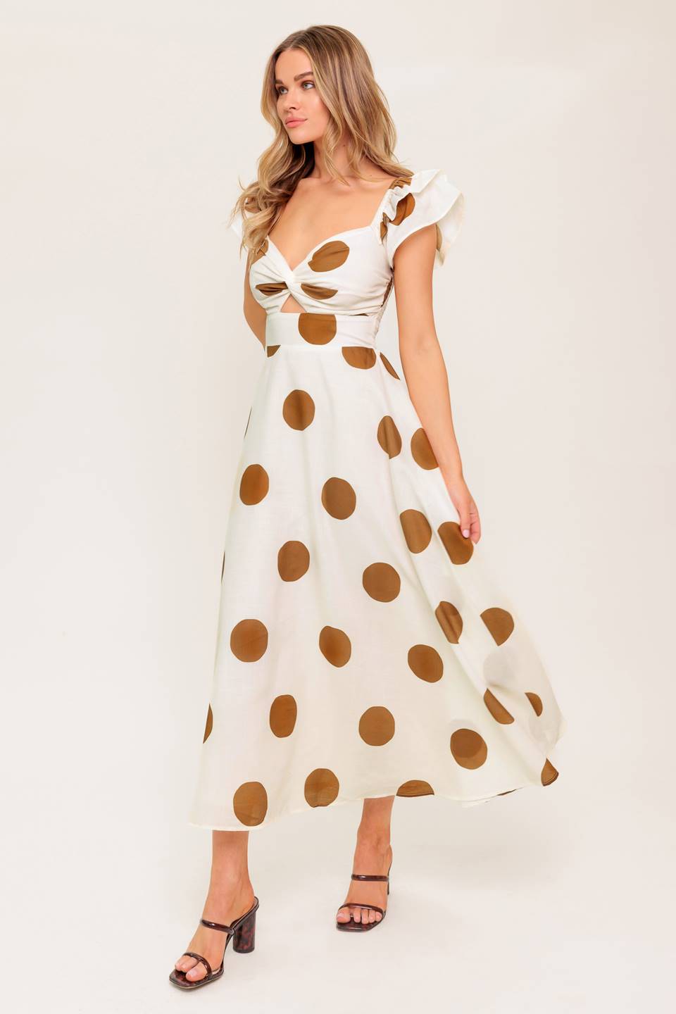 MOJITO MOOD Polka Dot Midi Dress in Camel - Flowy Summer Dress for Beach, Vacation & Casual Outings