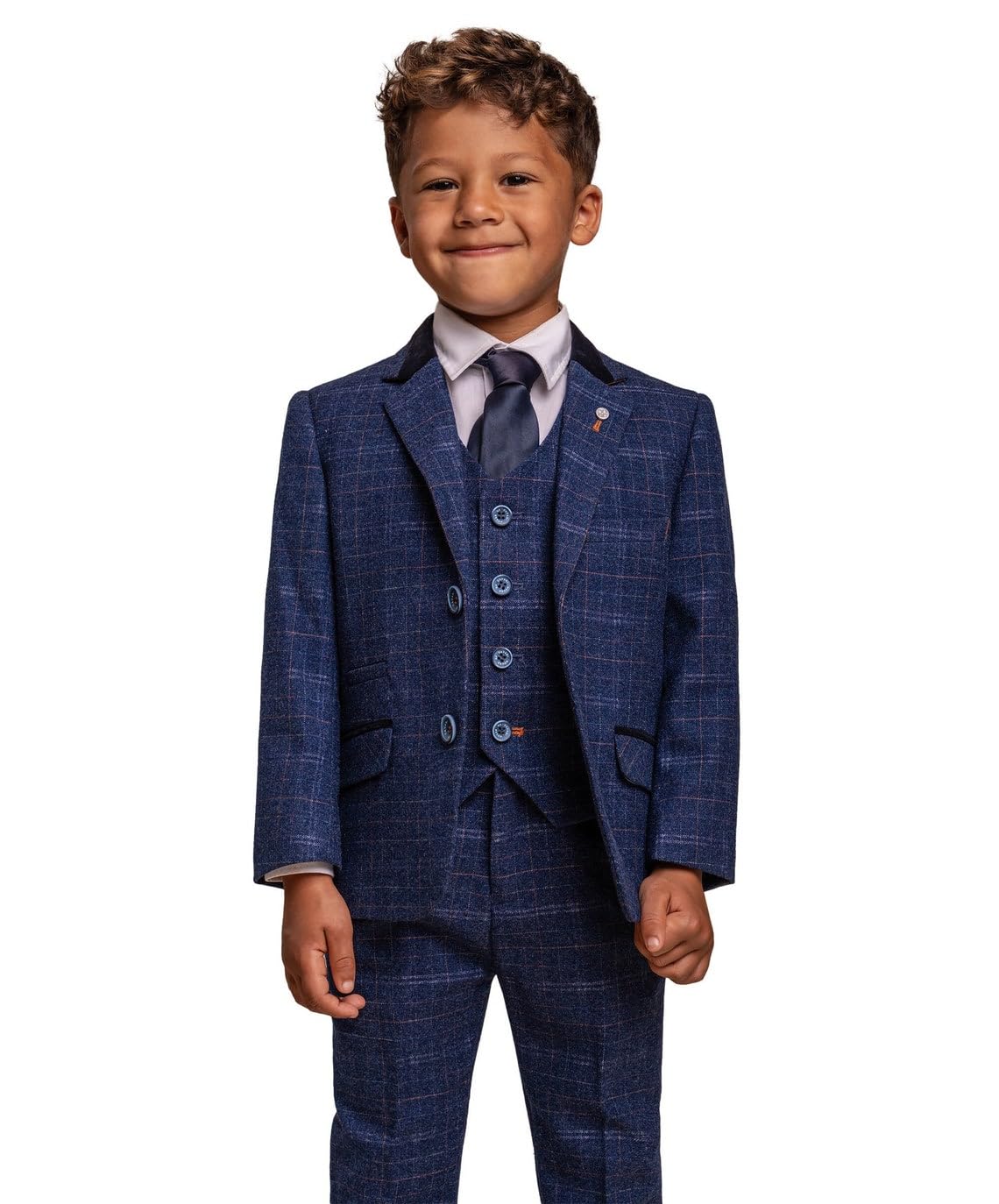 Men's & Boys' Slim Fit Tweed Check Suit Set in Retro Blue - Perfect for Weddings, Parties & Formal Occasions