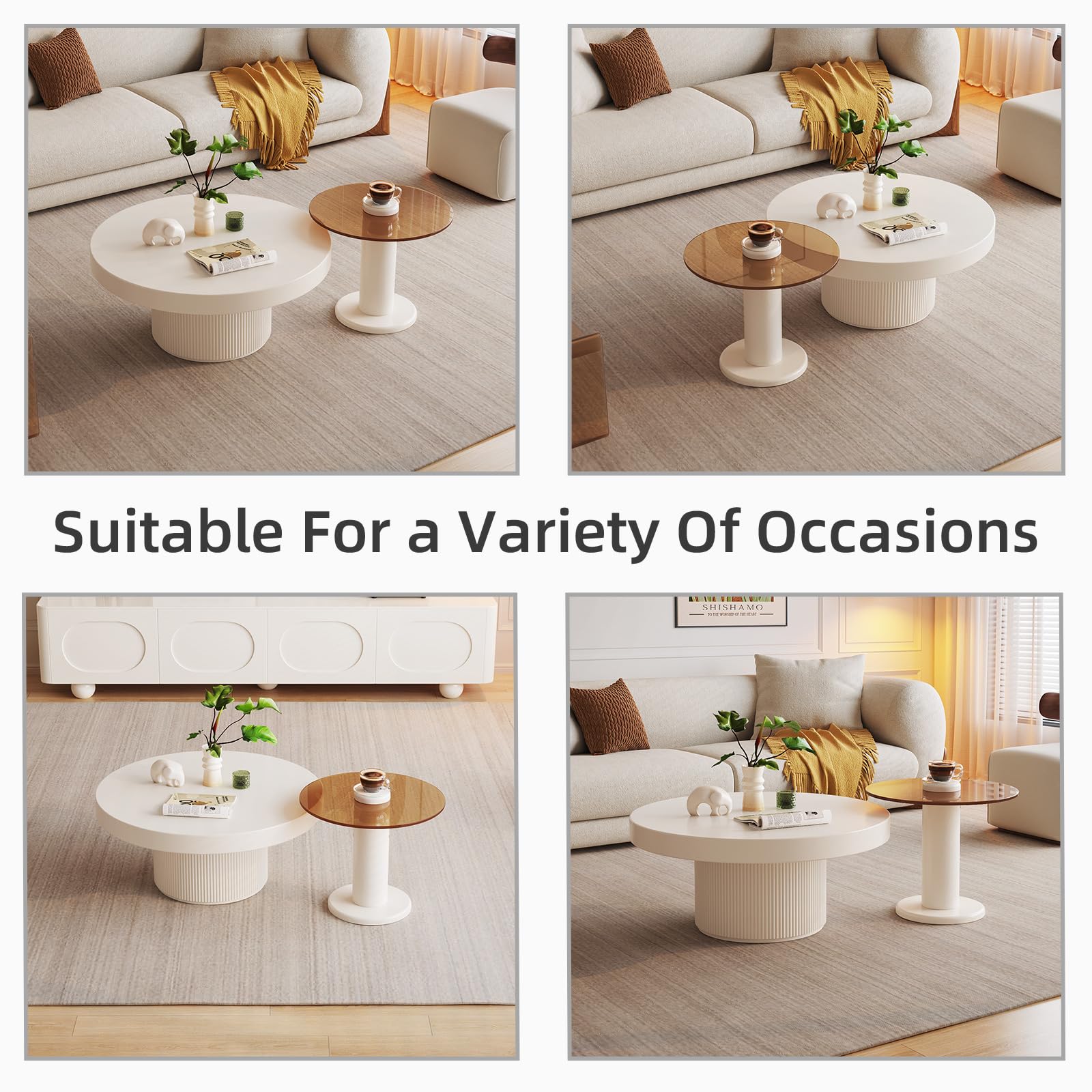 Modern 2-in-1 Round Nested Coffee Table Set - Creamy White Coffee Table with Tempered Glass Side Table - Space-Saving End Tables for Living Room, Bedroom & Small Spaces - Perfect for Coffee Time, Reading Nook & Home Decor