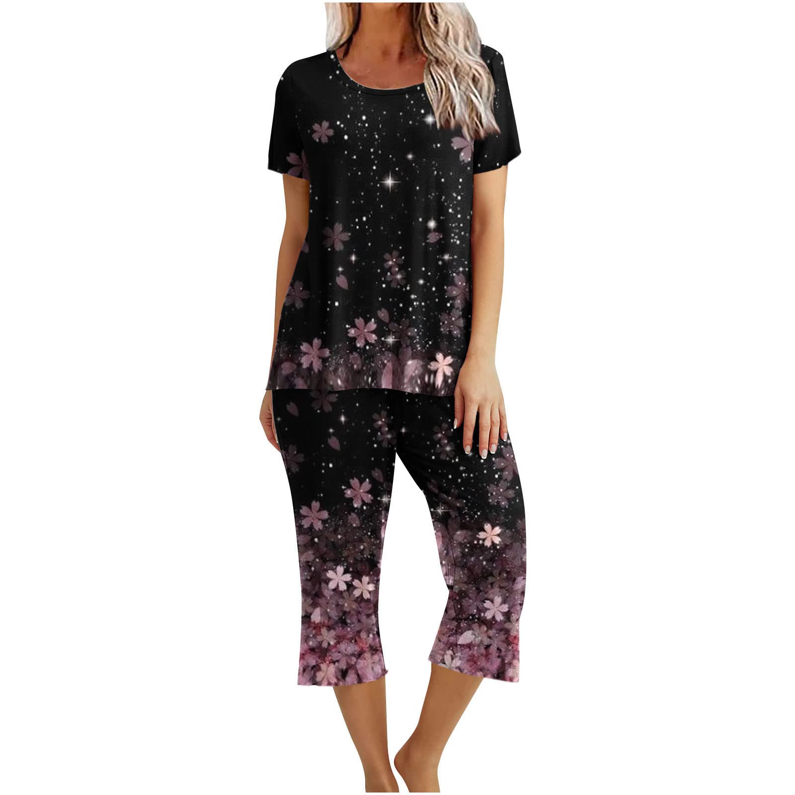 Women's 2-Piece Lounge Set - Floral Print Short Sleeve T-Shirt with Cropped Pants | Soft Cotton Pajama Set for Women | Perfect for Sleepwear, Yoga, and Relaxing at Home