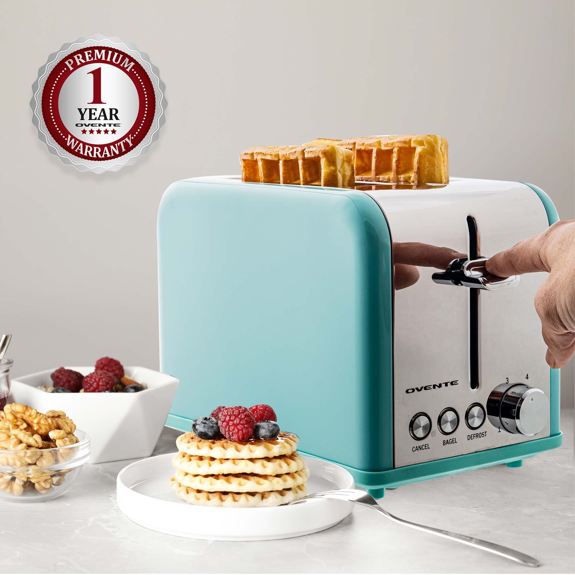 OVENTE 2 Slice Toaster with Extra Wide Slots - 6 Browning Settings, Stainless Steel Body & Removable Crumb Tray - Compact Countertop Toaster for Bread, Bagels, Muffins, Croissants & Waffles (Turquoise TS2450T) - Perfect for Breakfast, Kitchen, Dorm & Office Use