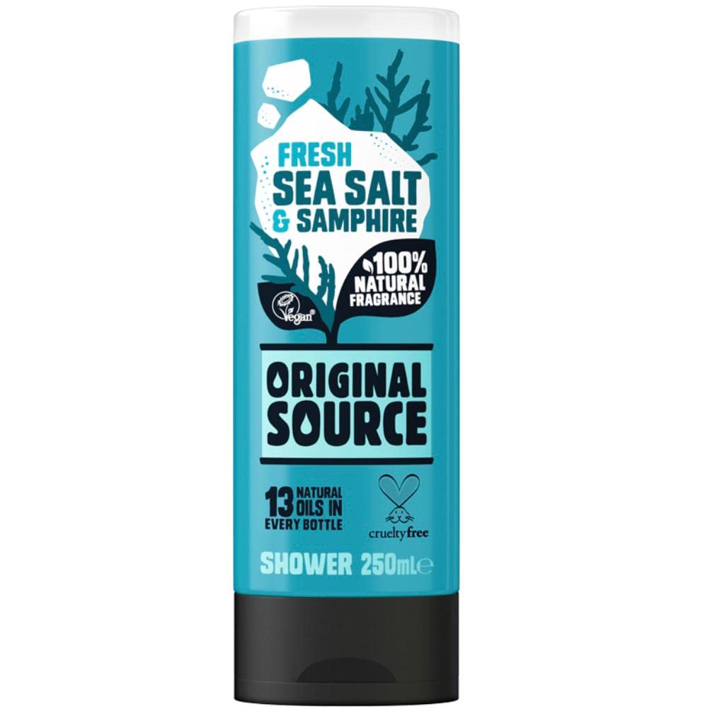 Original Source Shower Gel Set - 4 x 250ml with Fresh Sea Salt & Samphire, Zingy Lime, Sweet Rhubarb & Raspberry, Laid-Back Lavender & Tea Tree Fragrances - Natural Body Wash Combo Pack for Relaxing Bath & Refreshing Shower Experience