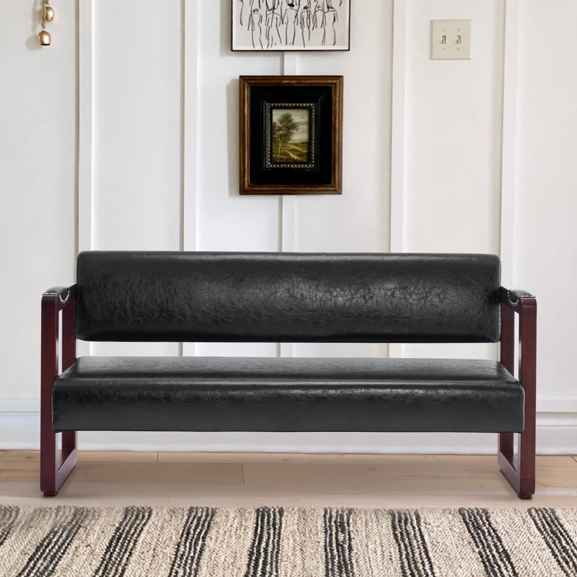 Modern Leather Waiting Room Bench with Backrest - BarberPub Upholstered Faux Leather Armed Bench with Rivets for Salon, Office & Living Room - Stylish & Comfortable Seating Solution (Black)