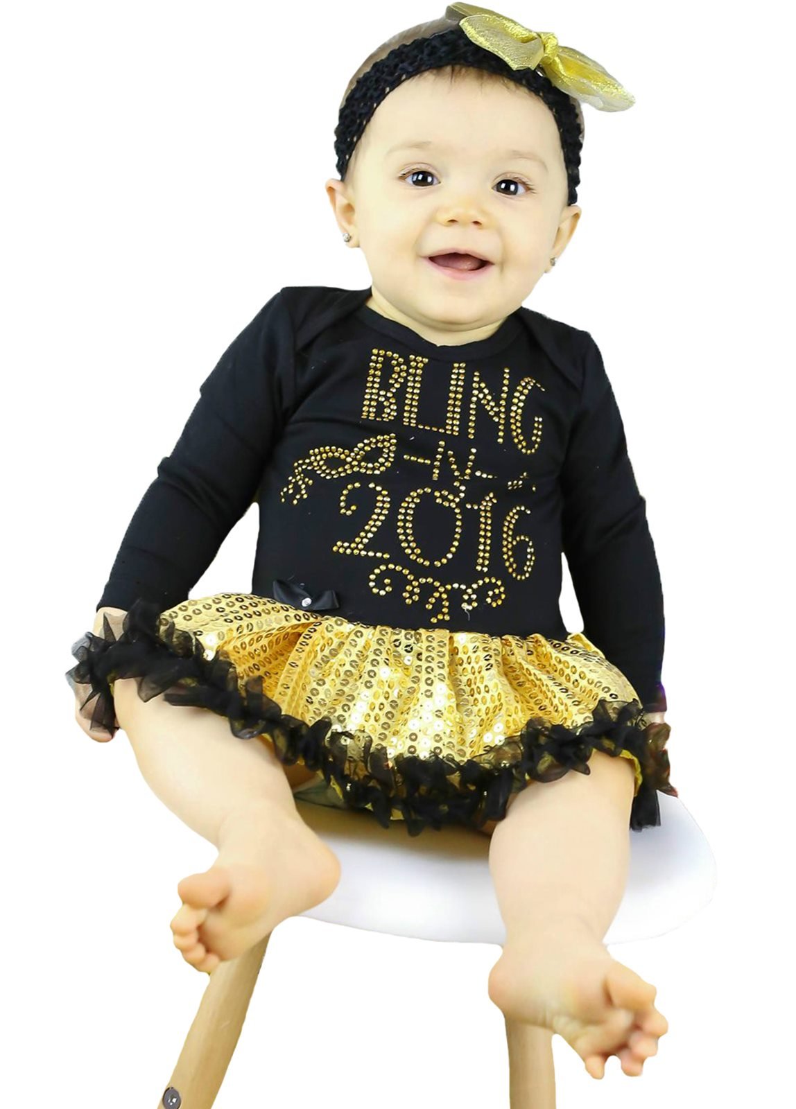 2016 New Year Black Long Sleeve Gold Sequin Tutu Romper Dress for Baby Girls NB-18 Months - Perfect for Holiday Parties, Photo Shoots & Special Occasions