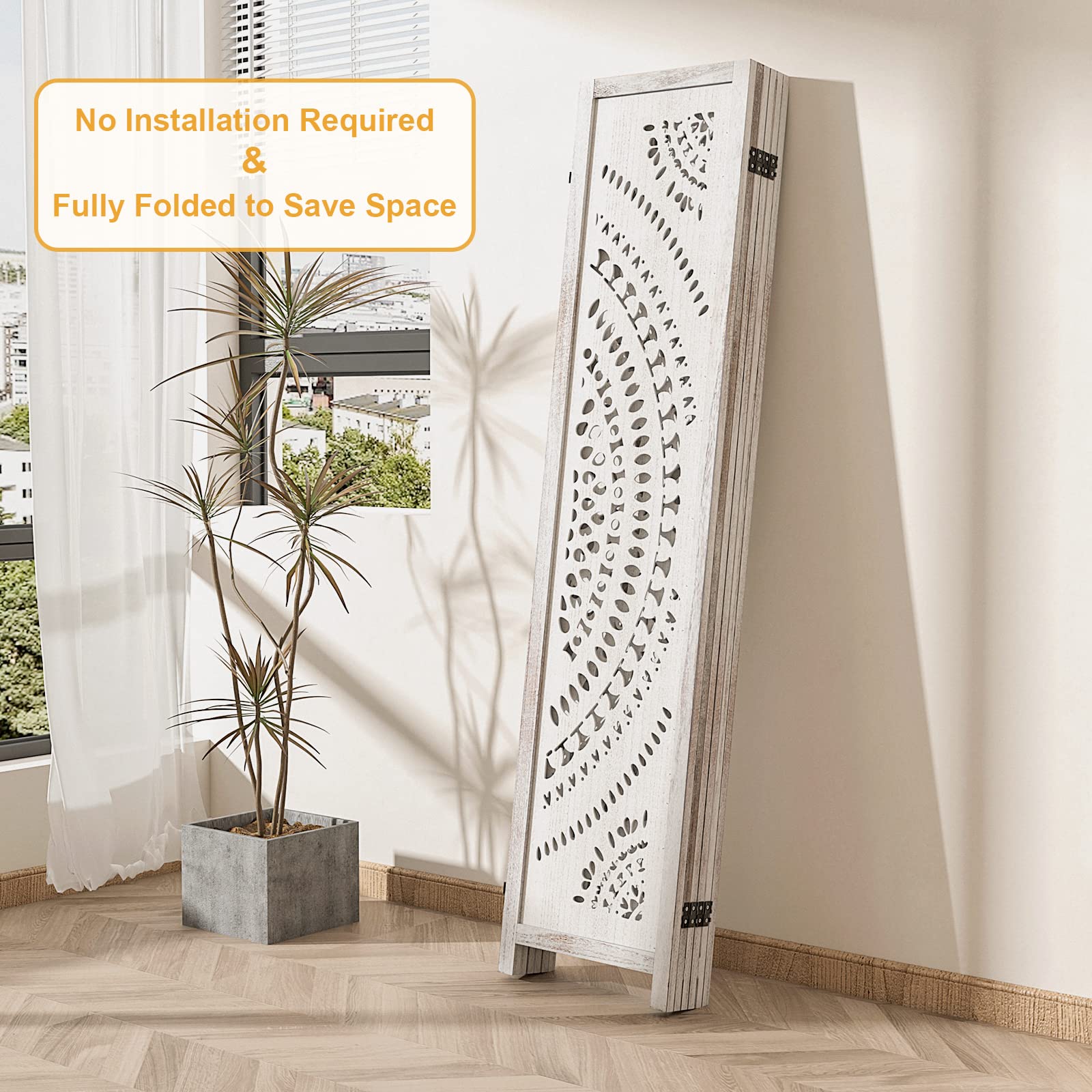 6 Panel White Wood Folding Room Divider Screen - 66.9 Inch Privacy Partition for Living Room, Bedroom & Office - No Assembly Needed - Perfect for Space Separation, Home Decor & Event Setup