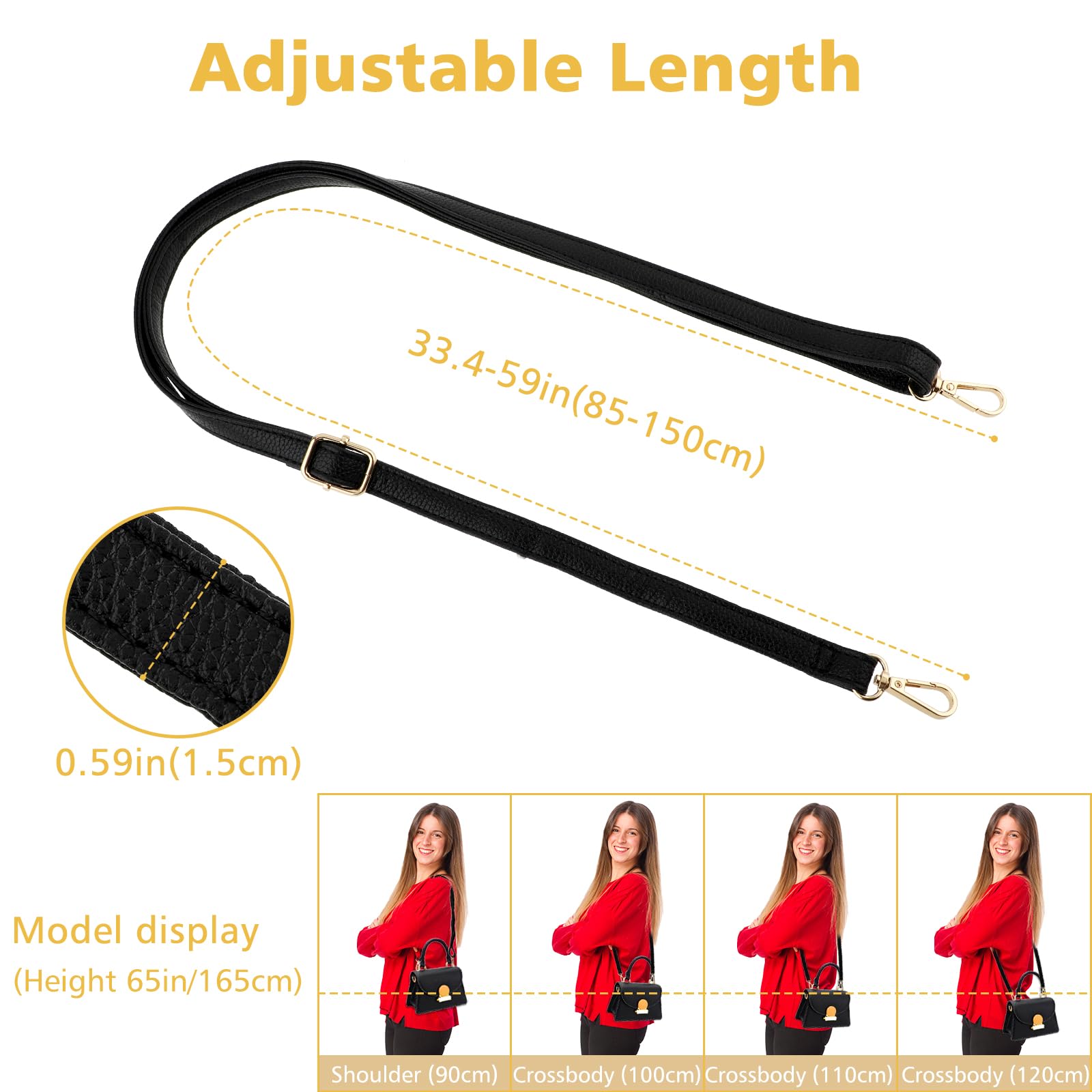 Adjustable 33.4-59 Inch Leather Purse Strap Replacement - Black Crossbody Bag Shoulder Strap for Women's Handbags | Perfect for Daily Use, Travel & Shopping