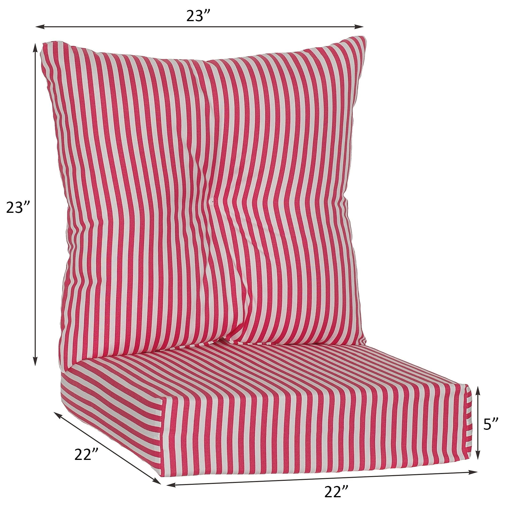 Outdoor/Indoor 2-Piece Cushion Set - 22x22x5 Inch Seat & 23x23x7 Inch Back Cushion - Trapeze Stripe Flamingo Pink - Perfect for Patio Furniture, Poolside Lounging, and Garden Decor