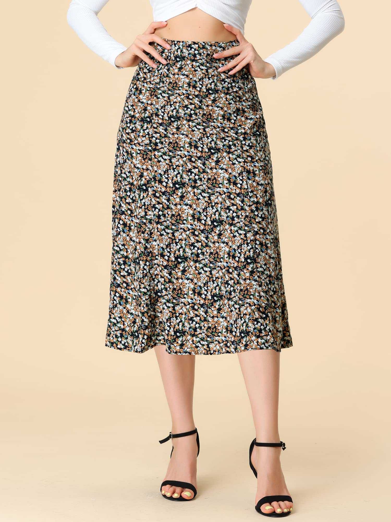 Allegra K Women's Floral Midi Skirt - Peasant Style Elastic Waist A-Line Skirt with Ditsy Leaf Print | Perfect for Spring, Summer, Boho Outfits & Casual Occasions