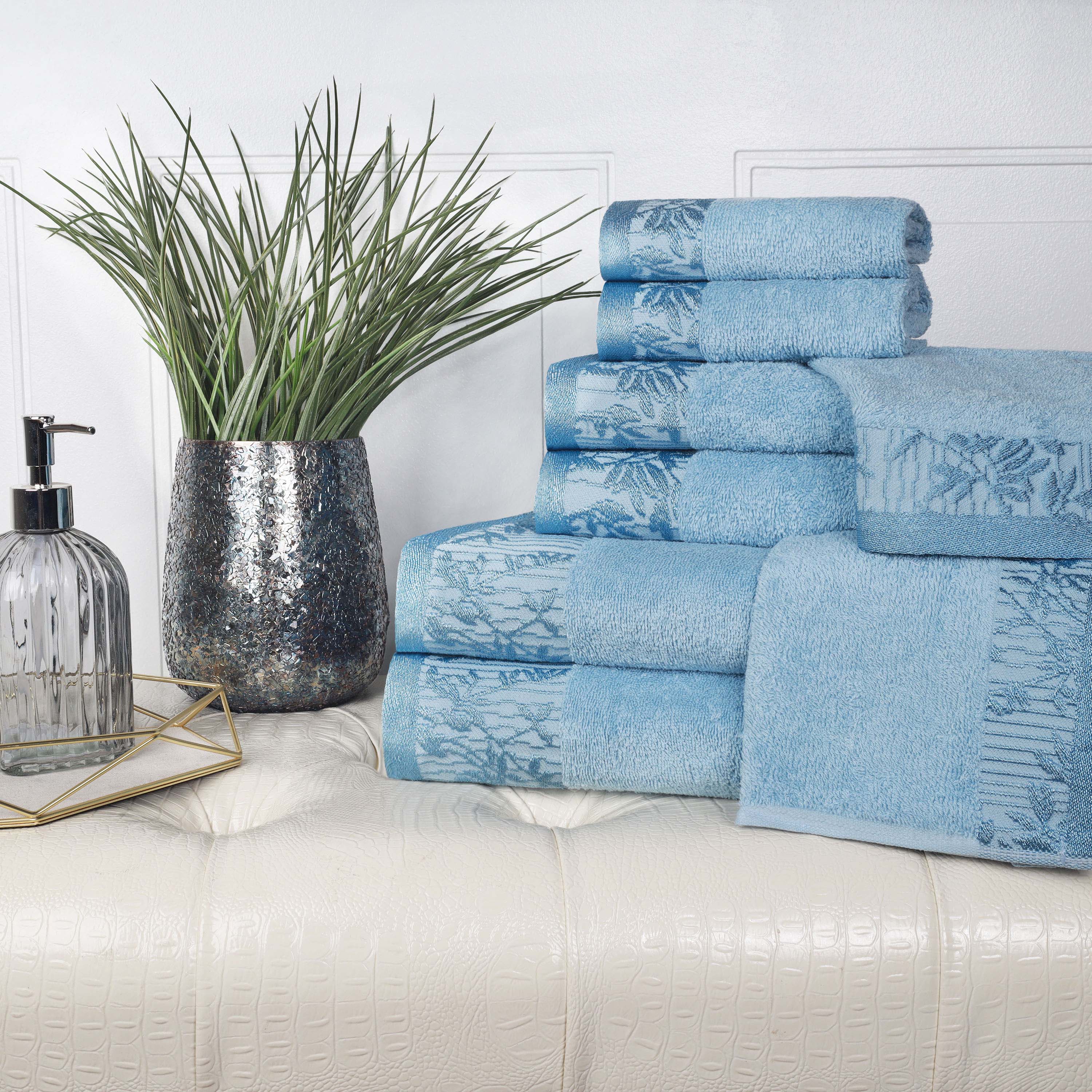 Premium Wisteria Cotton Floral Embroidered Jacquard Border 8-Piece Bath Towel Set - Soft & Absorbent for Spa, Bathroom & Guest Use