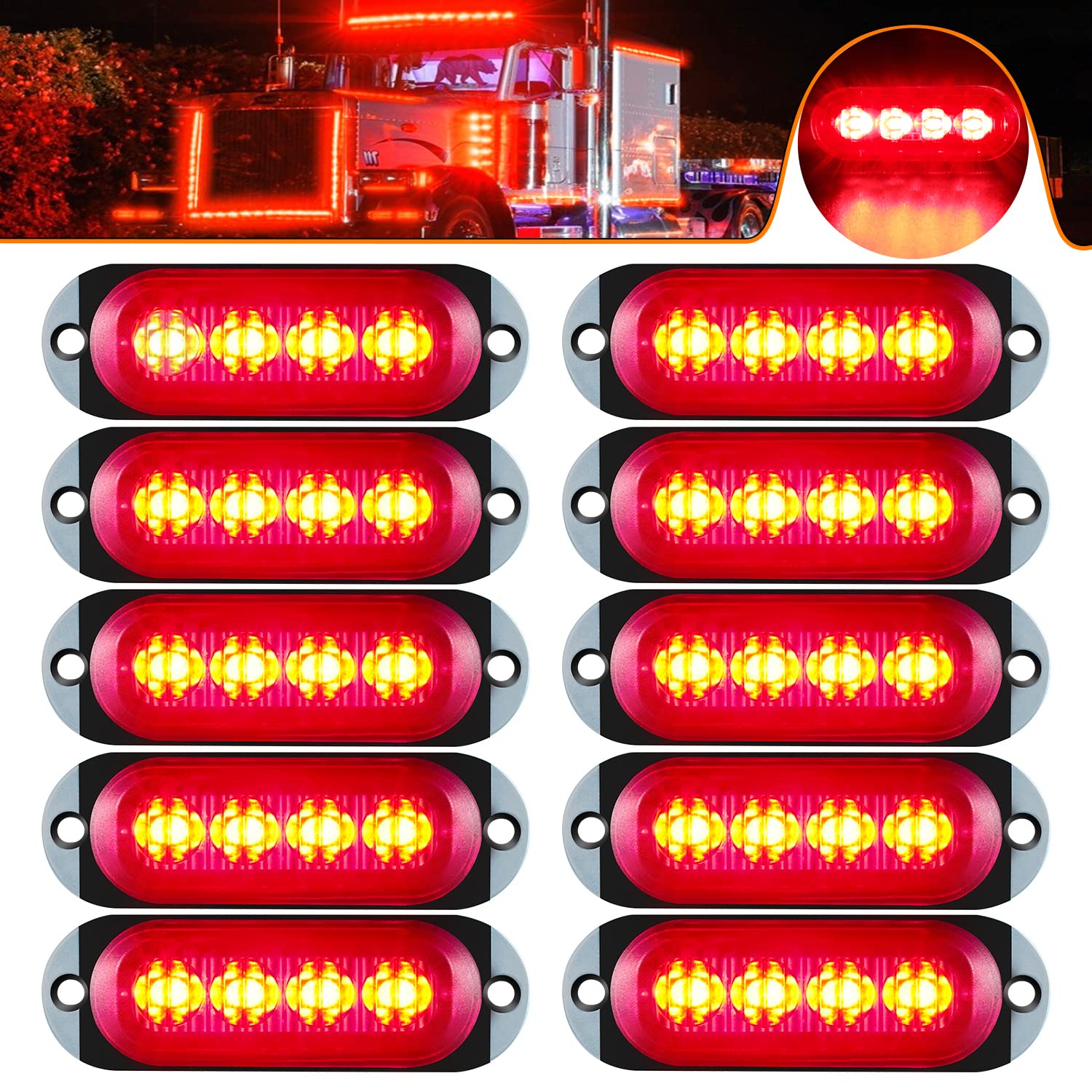 10pcs Red 12-24V 4LED Side Marker Lights - Waterproof Clearance Lamps for Trucks, Trailers, RVs, Campers & Motorcycles - Interior & Exterior Lighting for Safe Night Driving