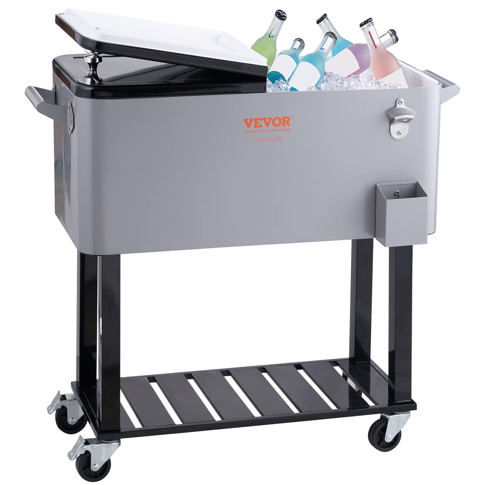 VEVOR 80 Quart Rolling Ice Chest Cooler Cart with Wheels & Handles - Portable Beverage Cooler for Drinks, Beer, Wine - Outdoor Bar Cart for Patio, Backyard, Pool Parties, Camping & Tailgating - Includes Bottle Opener (Silver)