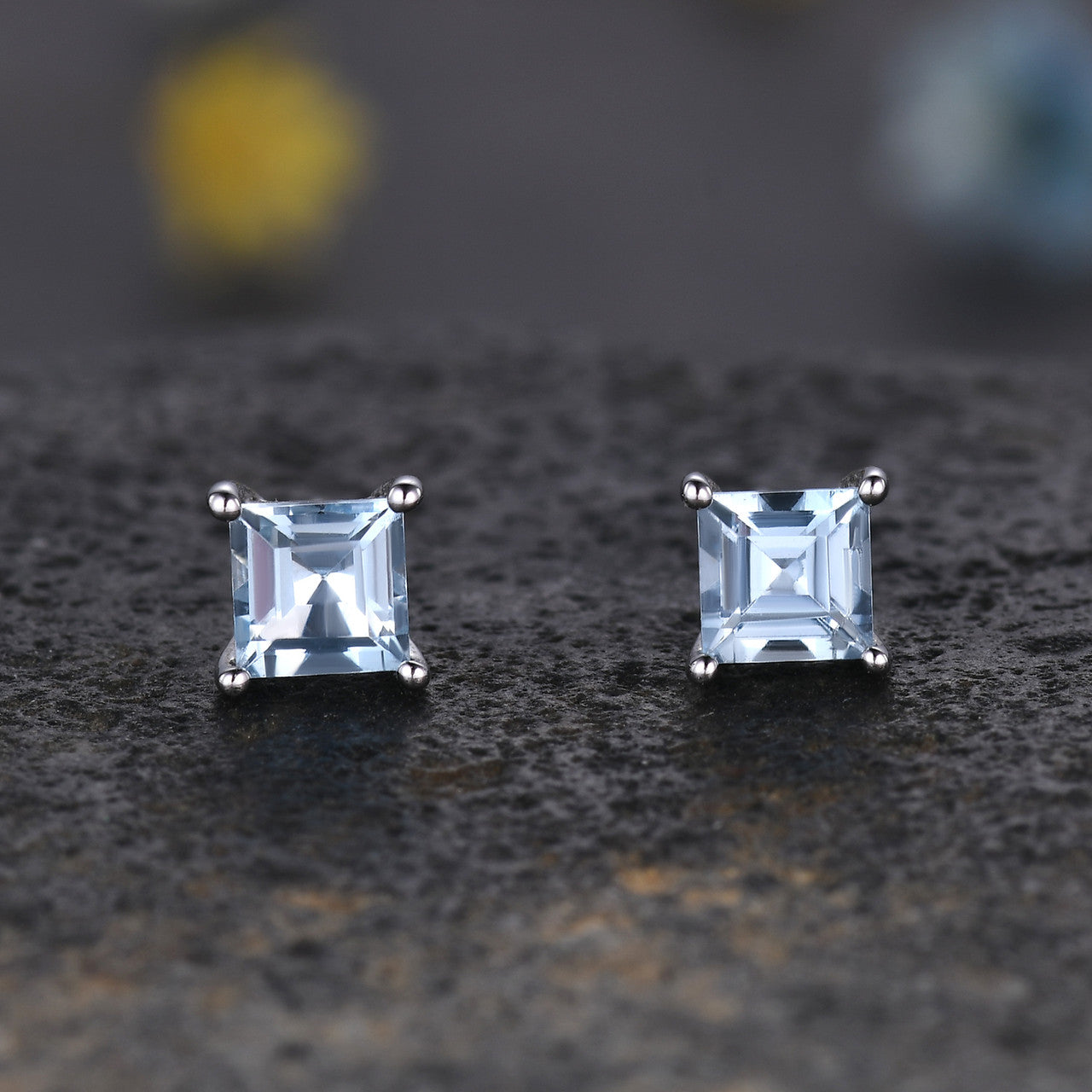 5mm Square Cut Aquamarine Stud Earrings in 14K White Gold - Classic Basket Setting for Women, Perfect for Weddings, Anniversaries & Everyday Elegance