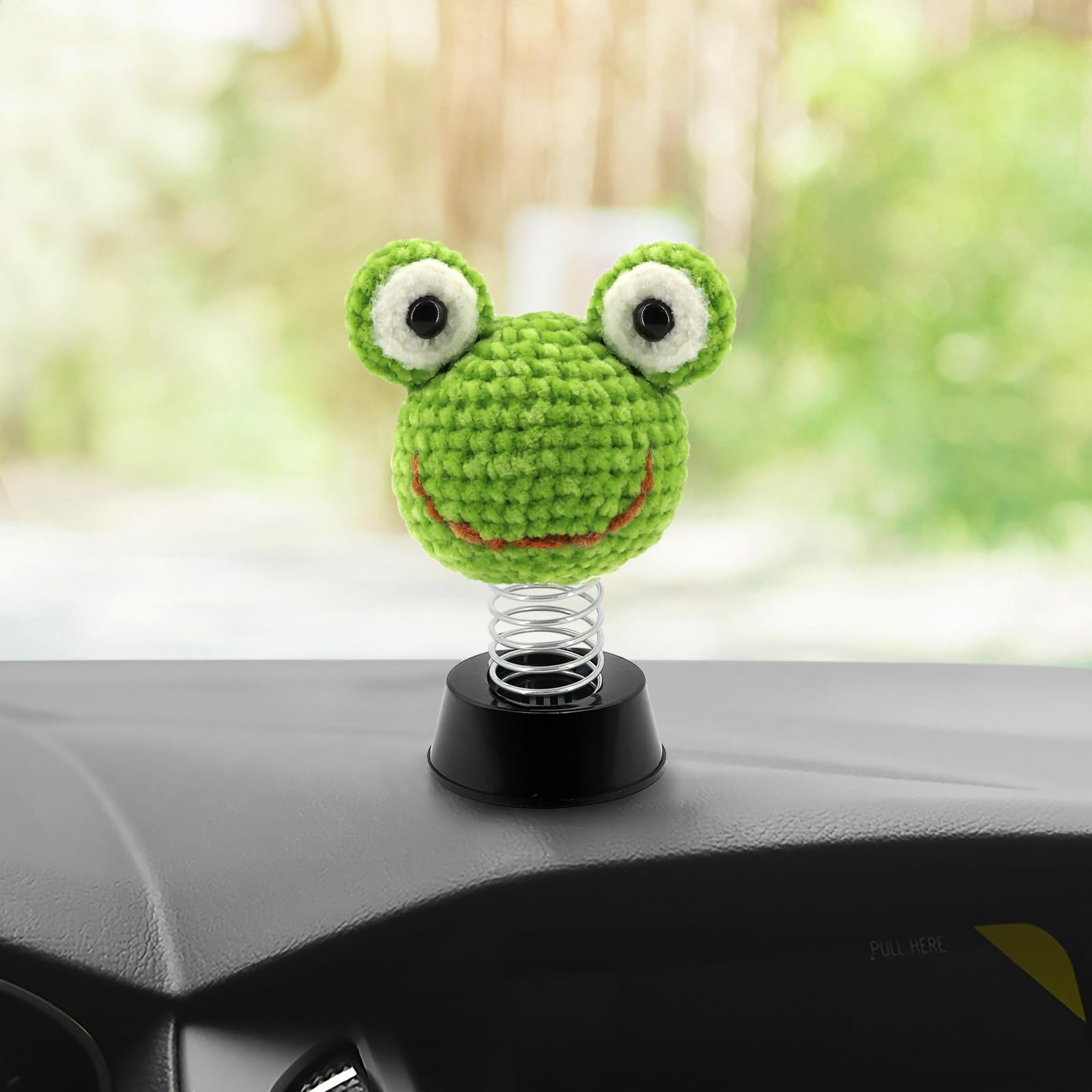 Handmade Crochet Frog Car Dashboard Decor - Bobblehead Swinging Ornament for Cars, Vehicles & Desktop - Cute Automotive Gift for Frog Lovers (Perfect for Birthday Presents, Car Accessories & Office Decor)