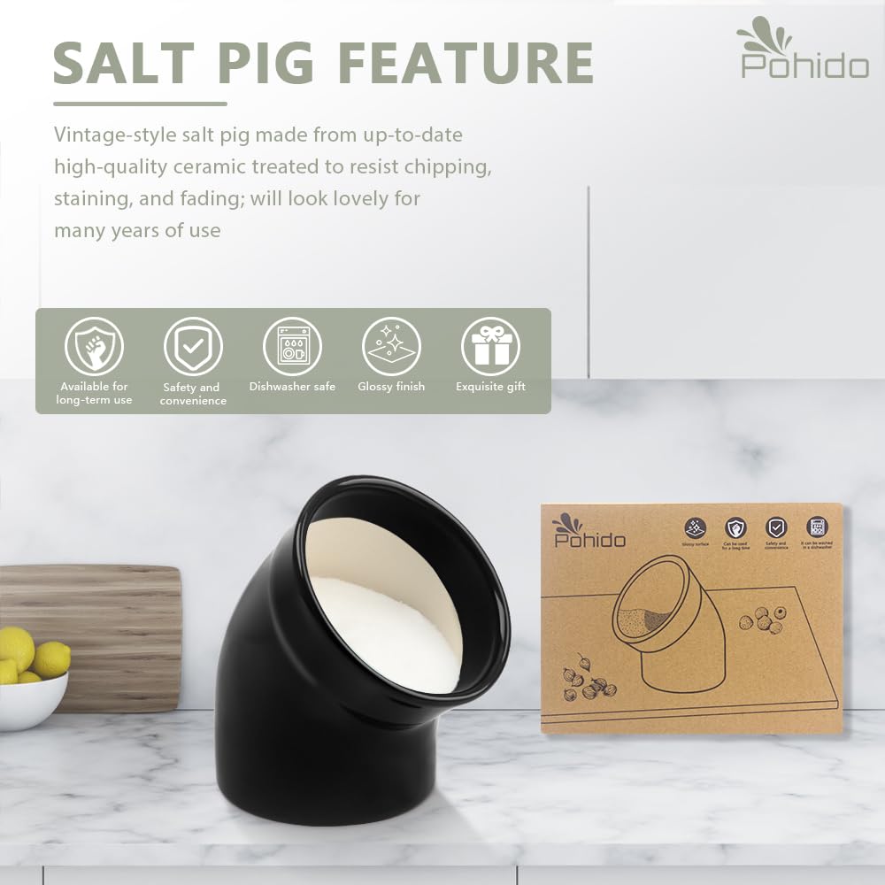 Modern Minimalist Ceramic Salt Pig - Dishwasher Safe Salt Cellar with Wide Opening for Easy Seasoning Access - Stylish Black Countertop Salt Holder for Kitchen, Dining & Cooking Use