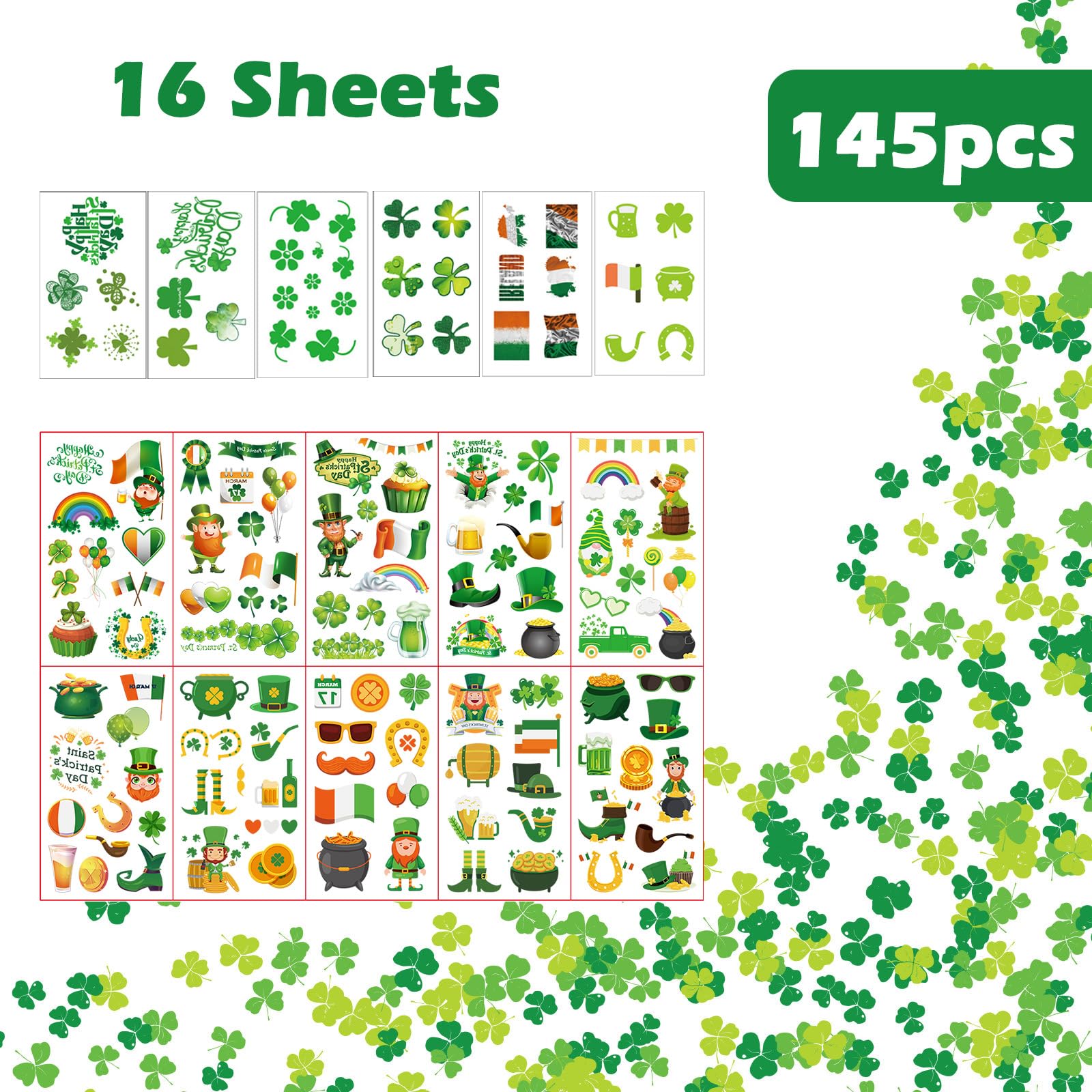 16 Unique St. Patrick's Day Temporary Tattoos - Shamrock, Gnomes & Hats Designs for Adults & Kids | Irish Party Decorations, Face Stickers & Festive Accessories | Perfect for St. Paddy's Day Celebrations, Parades & Themed Parties