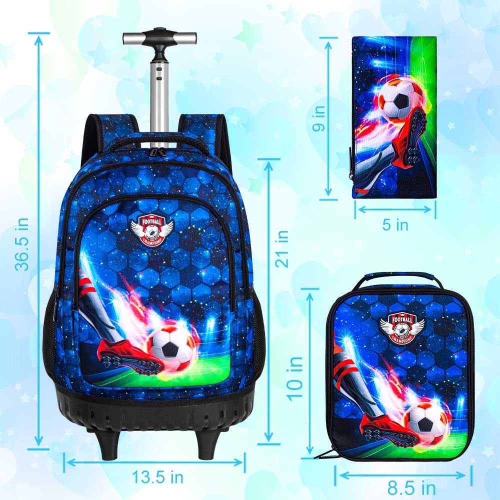 CCJPX 3PCS Rolling Backpack for Boys - 21 Inch Water Resistant Wheeled Soccer Backpack with Roller Wheels, Durable Football Bookbag for Teens & Elementary School Students - Perfect for Travel, Sports & Daily Use - Blue