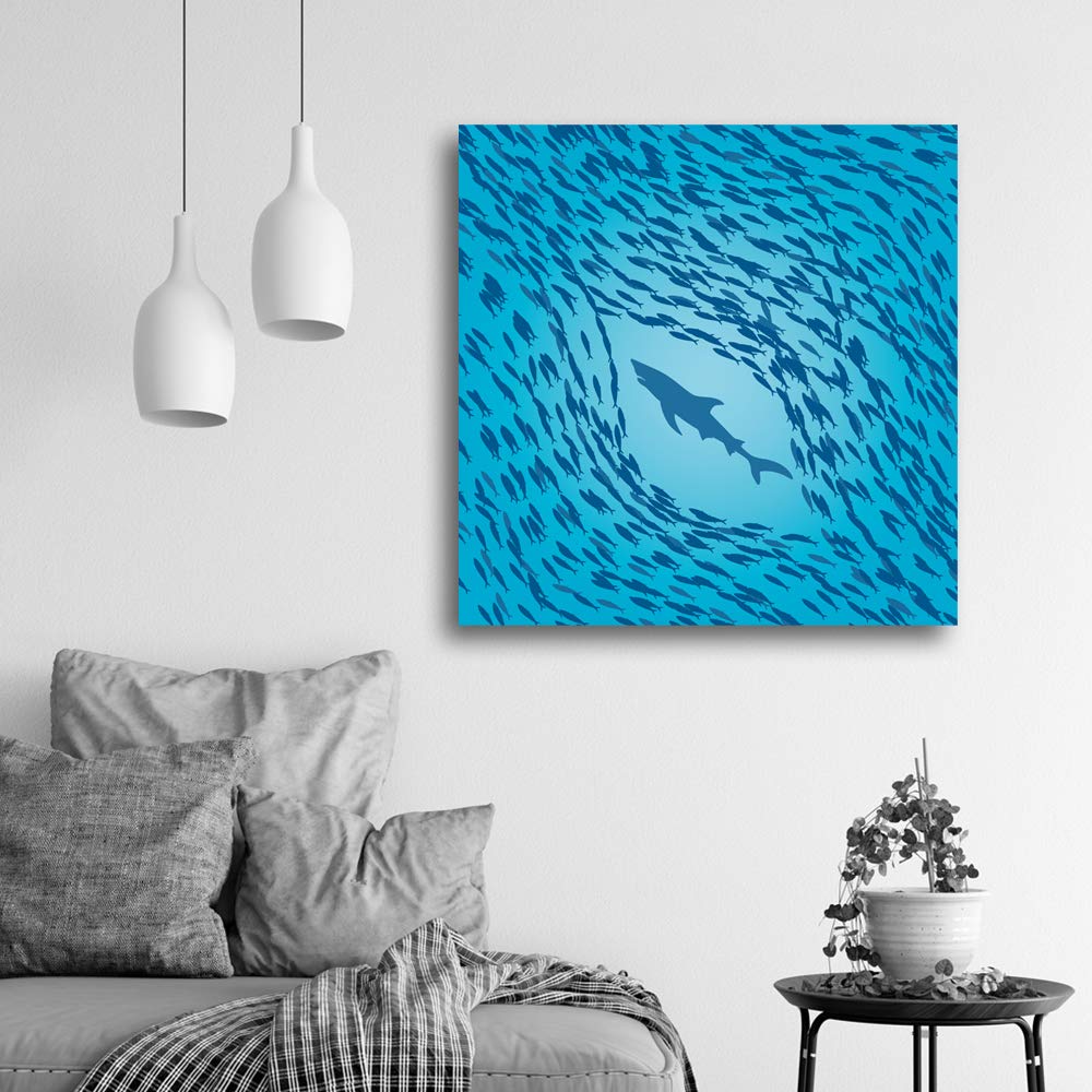 School of Fish Canvas Wall Art - 16x16 Inch Framed Print for Home Decor, Bedroom & Living Room Paintings | Ocean Themed Wall Decor for Coastal, Nautical or Beach House Style