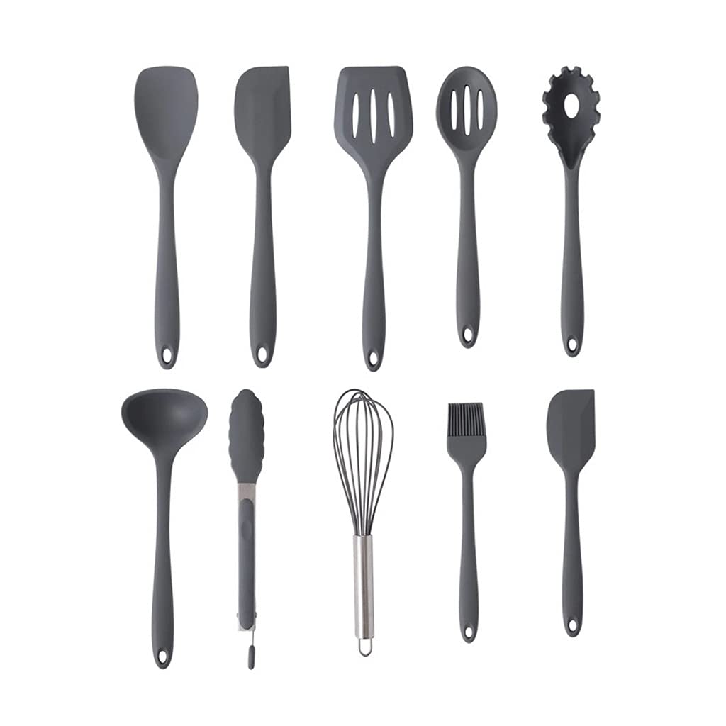10-Piece Gray Silicone Kitchen Utensil Set with Wooden Handles & Storage Box - Non-Stick Spatula, Spoon, Turner for Safe Cooking - Perfect for Baking, Frying & Everyday Meal Prep