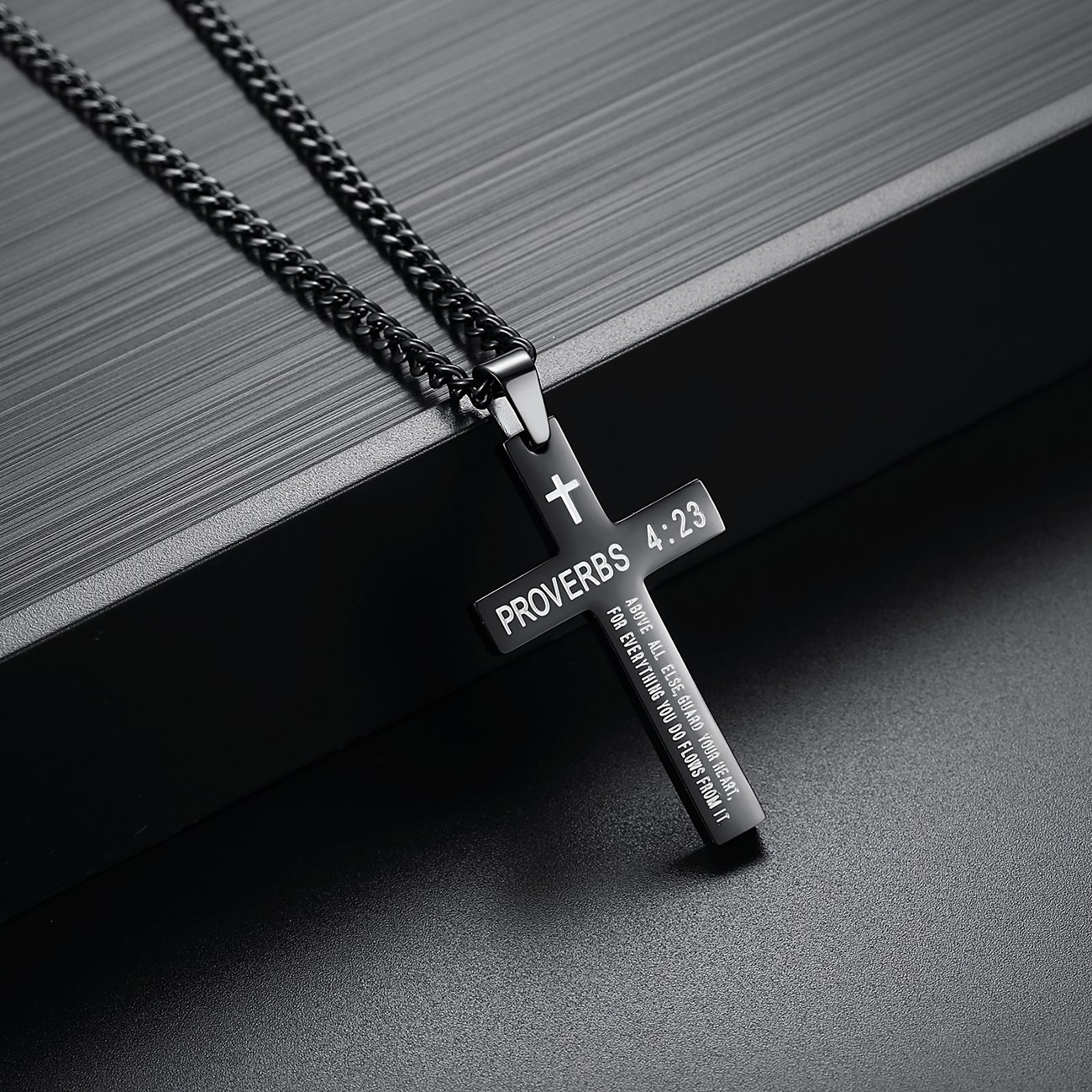 REVEMCN Stainless Steel Cross Pendant Necklace for Men & Boys - 20-24 Inch Curb Chain, Inspirational Bible Verse Jewelry Gift in Black & Silver | Faith-Based Christian Neckwear for Church, Daily Wear & Special Occasions