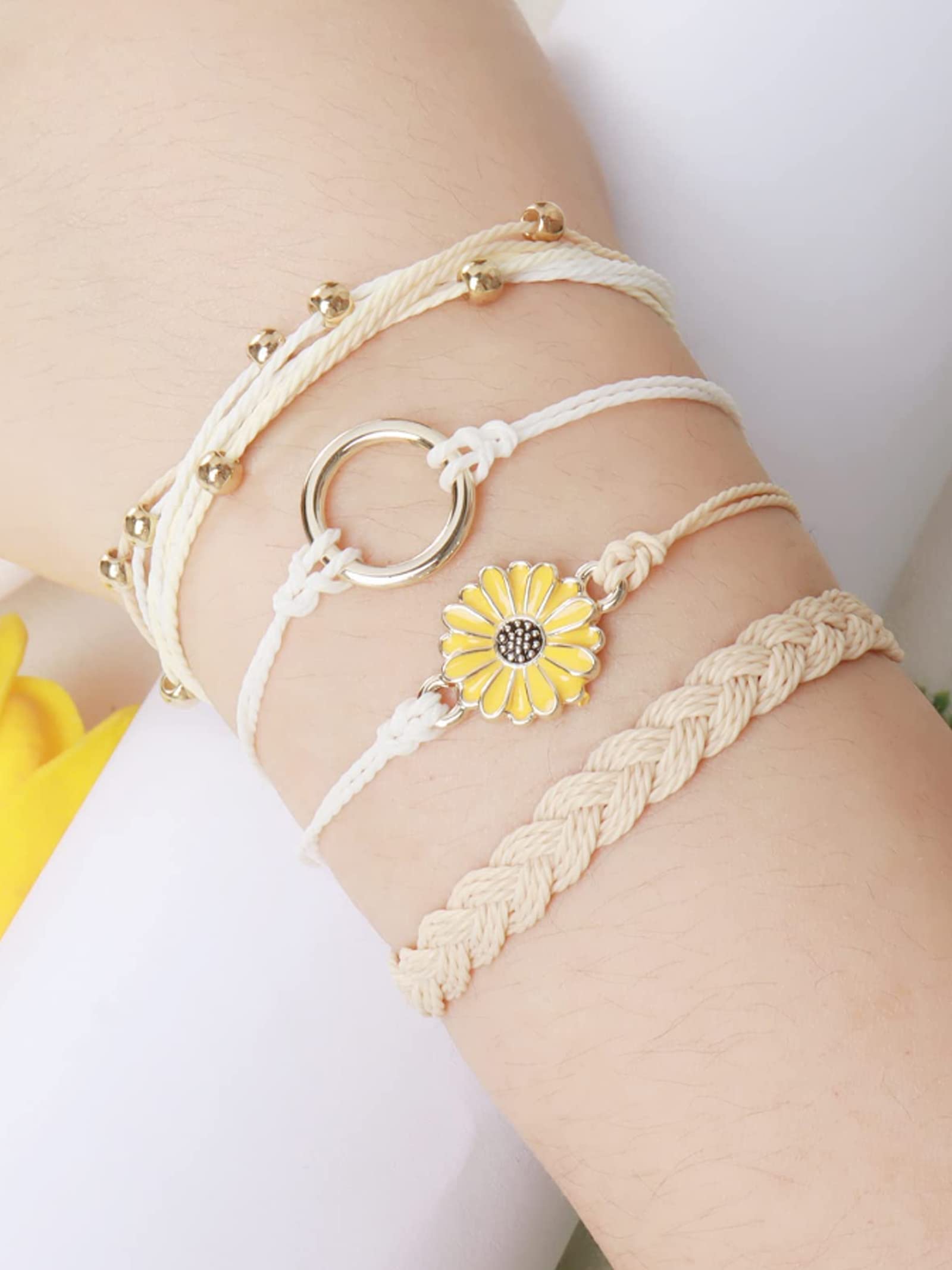 Boho Friendship Bracelets for Women - Adjustable Blue & Sunflower Beaded Bracelets Set - Stackable Surfer Beach Bracelets - Perfect for Summer, Gifts & Stocking Stuffers