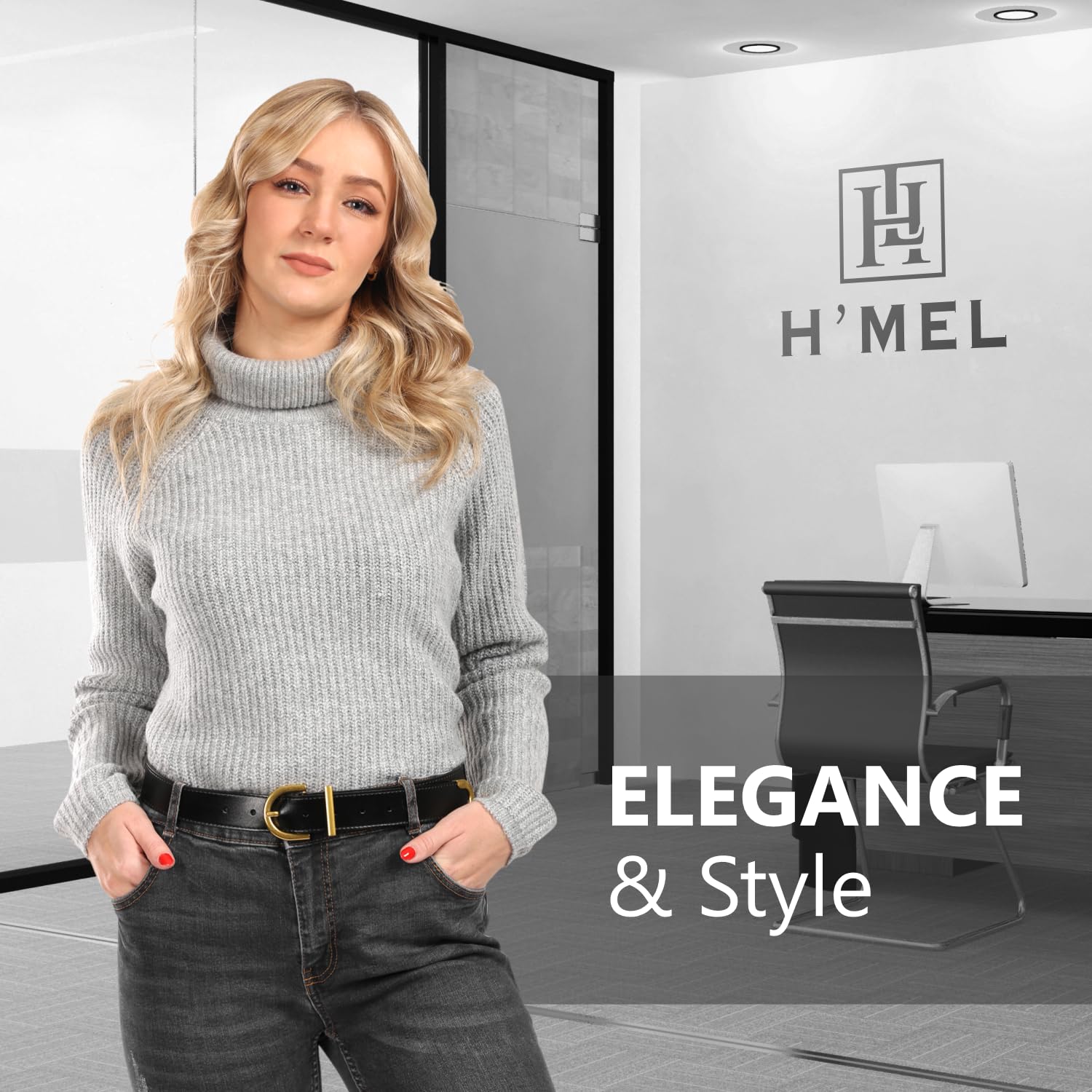 H'MEL Women's Fashion Leather Belts - Gold Metal Buckle for Jeans, Dress Pants | Black & Beige Waist Belts for Everyday Wear & Office Outfits