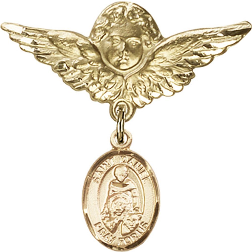 14K Gold Filled Baby Badge Pin with St. Daniel Charm & Angel Wing Charm - 1 1/8 Inch Religious Jewelry for Christening, Baptism Gifts & Baby Shower Favors