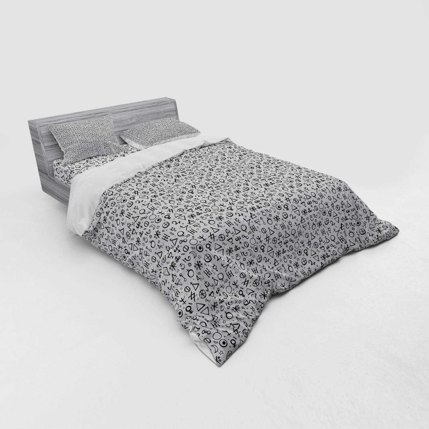 Ambesonne Astrology Bedding Set - Queen Size 3-Piece Duvet Cover with Sham & Fitted Sheet, Black & White Geometric Alchemy Pattern, Esoteric Design for Mystic Bedroom Decor | Perfect for Gothic, Celestial or Bohemian Style Bedrooms