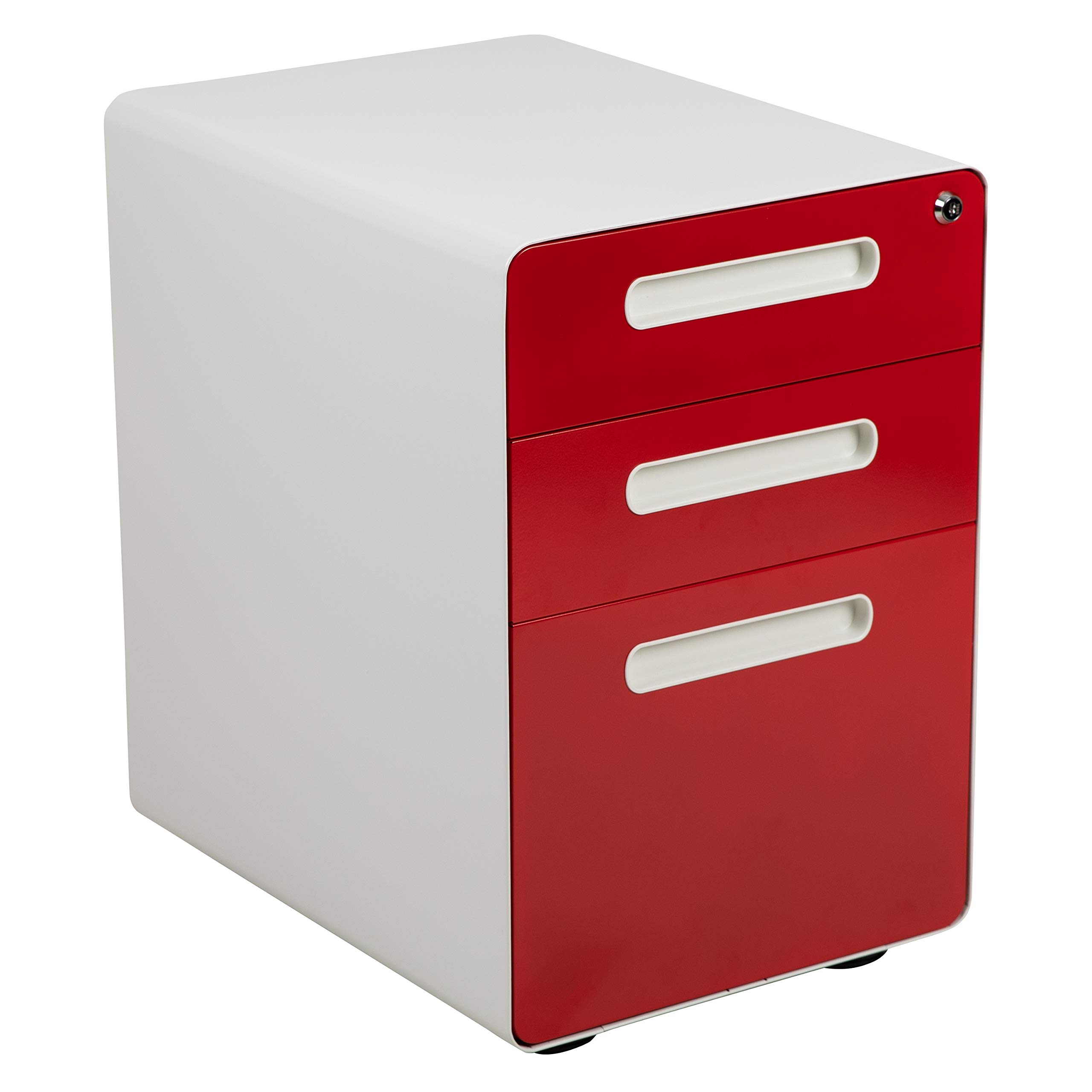 Ergonomic 3-Drawer Mobile Locking Filing Cabinet - White with Red Faceplate | Secure Office Storage Solution for Documents & Files | Perfect for Home Office, Workplace & Business Organization