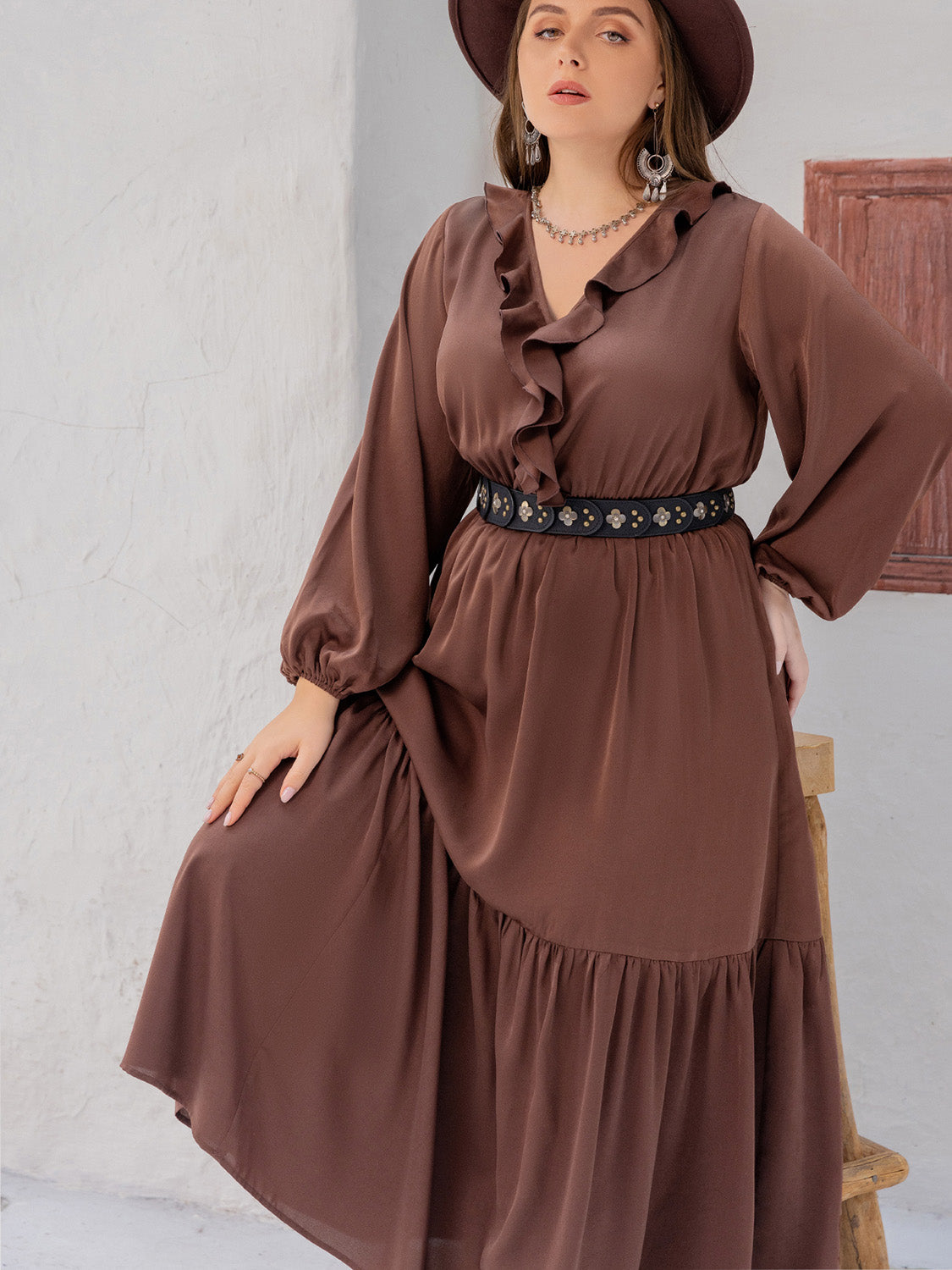 Plus Size V Neck Ruffle Trim Maxi Dress for Women - Flowy Summer Beach Dress with Pockets, Elegant Long Dress for Weddings, Parties & Vacations