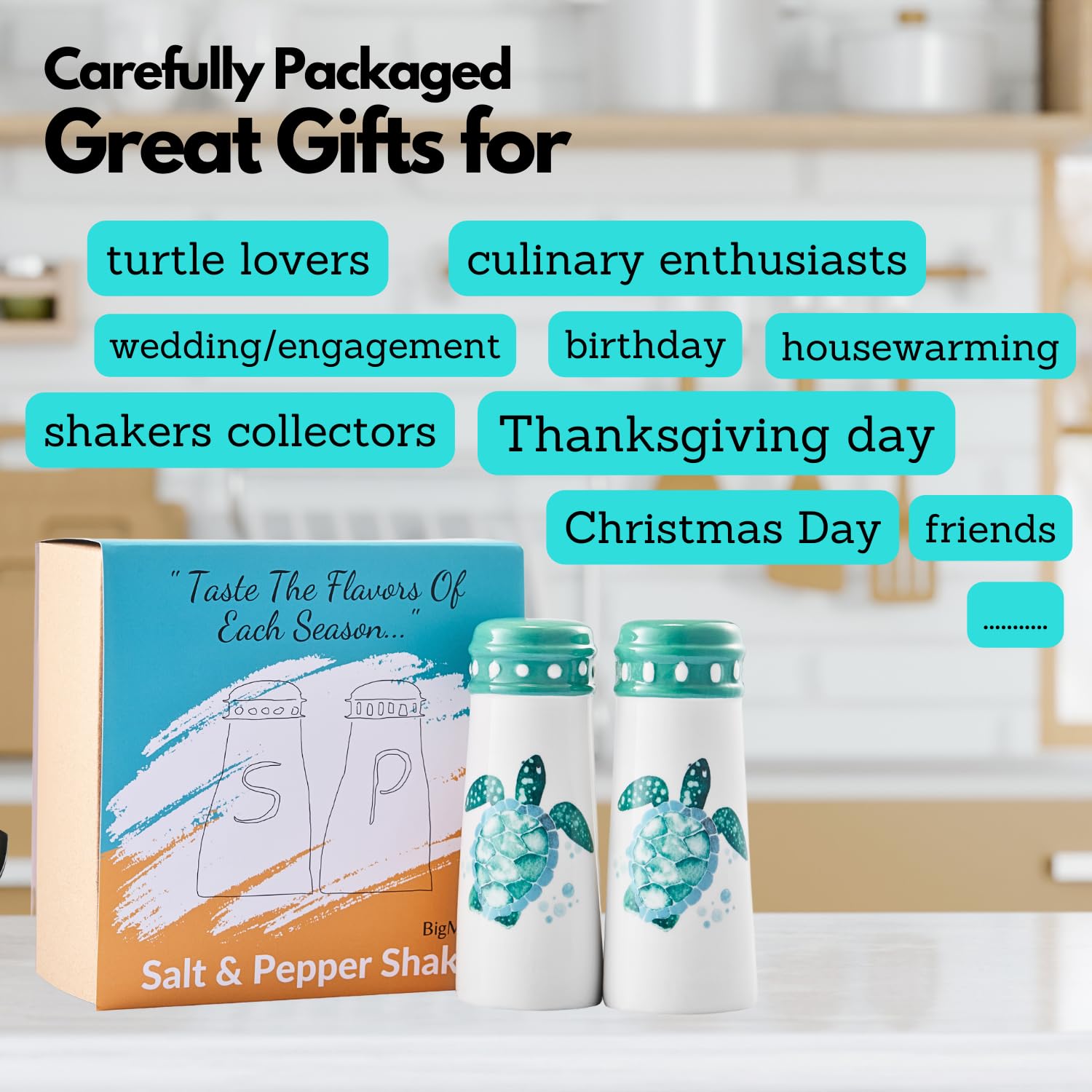 Turtle Salt and Pepper Shakers Set - Coastal Ocean Nautical Kitchen Decor in Teal & Turquoise, Large Hawaiian Beach-Themed Shakers, Cute Sea Turtle Design for Labor Day Gifts | Perfect for Beach House, Coastal Kitchen, and Tropical-Themed Dining Decor