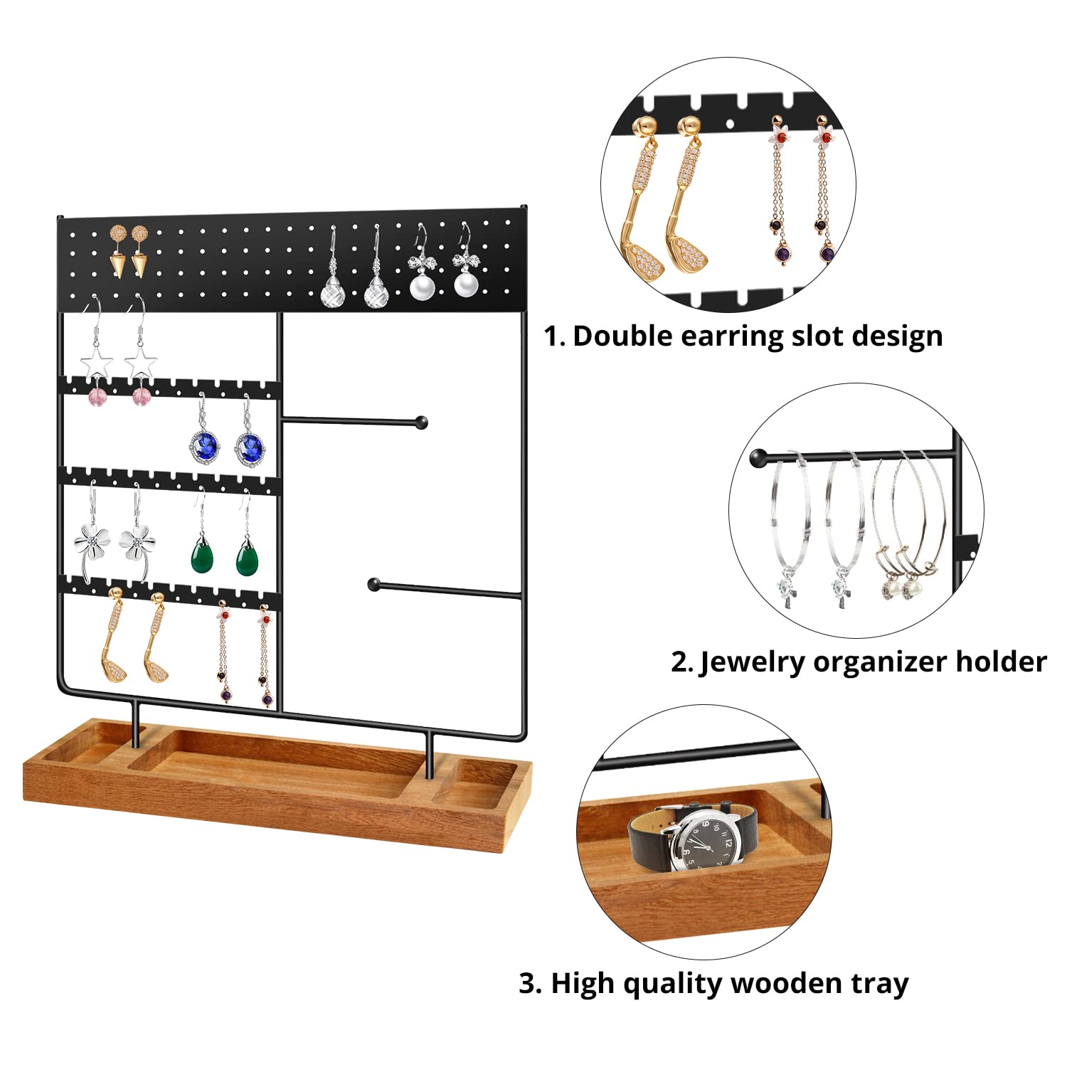 Mocolo Jewelry Organizer - Wooden Earring Holder with 110 Holes & Tray for Earrings, Necklaces, Bracelets, Watches & Rings - Perfect for Bedroom Vanity, Jewelry Store Display & Travel Storage